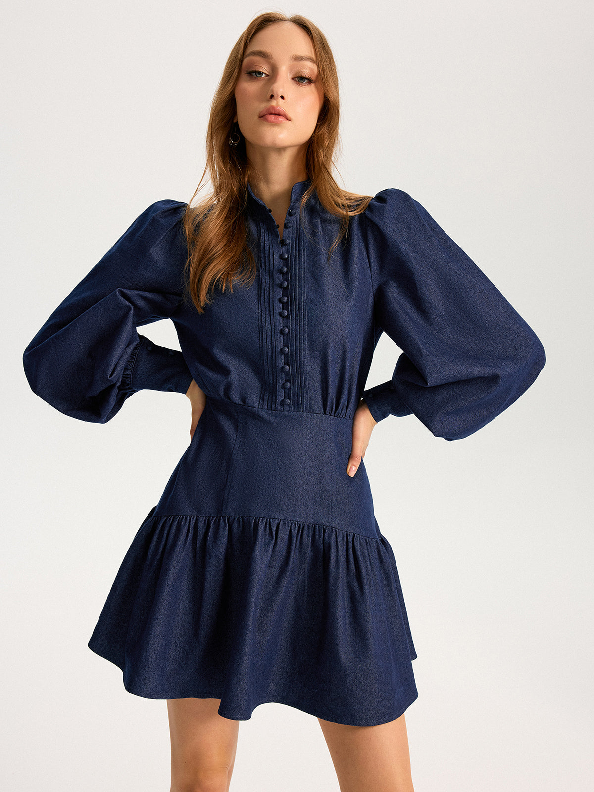 Denim Stand Collar Puff Sleeve Mini Dress Denim Stand Collar Puff Sleeve Mini Dress