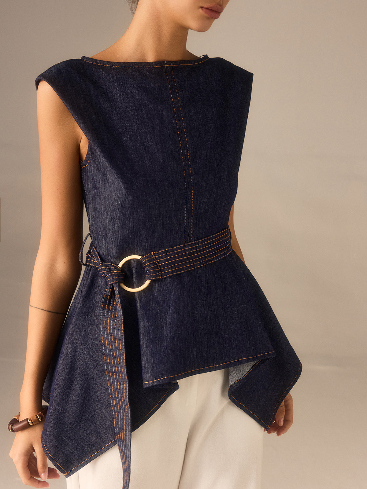 Denim Peplum Belted Top with Asymmetric Hem Denim Peplum Belted Top with Asymmetric Hem
