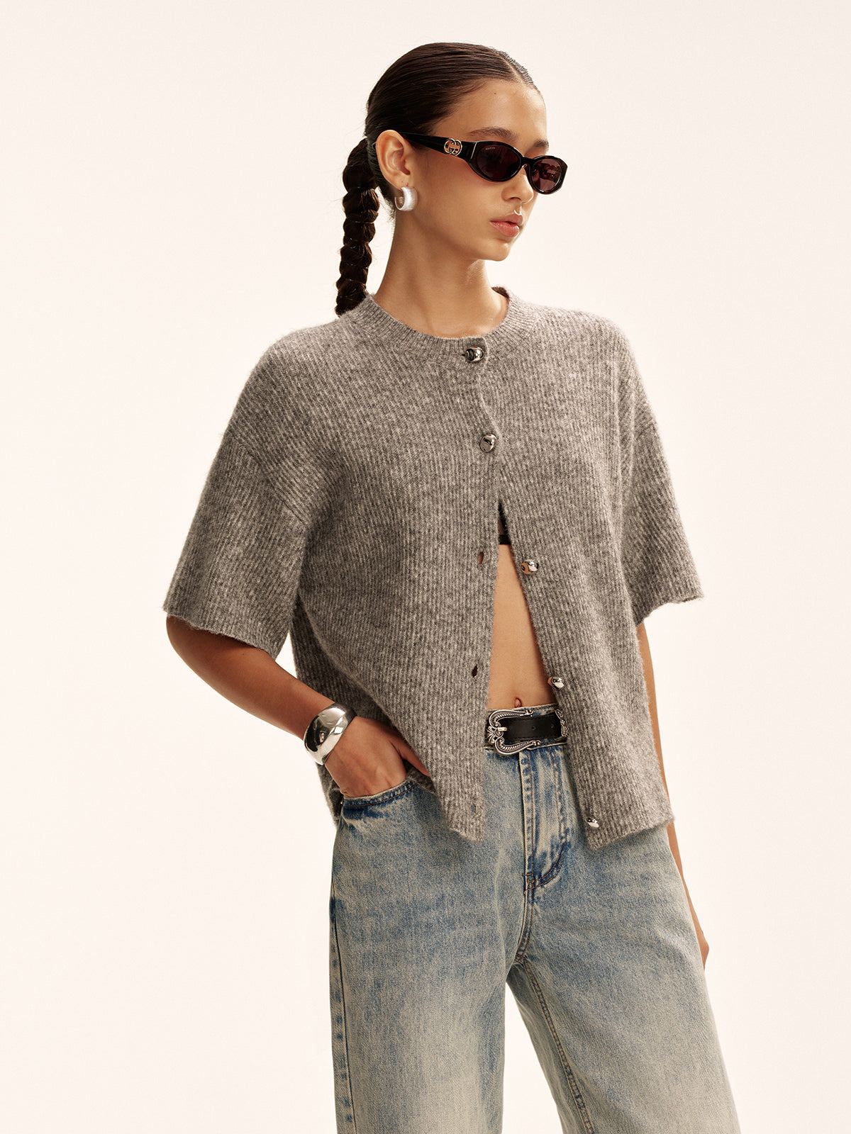 Wool-Blend Short-Sleeved Cardigan Wool-Blend Short-Sleeved Cardigan