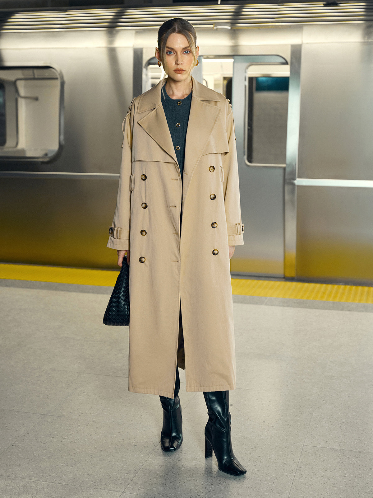 Cotton-Blend Double-Breasted Belted Long Trench Coat Cotton-Blend Double-Breasted Belted Long Trench Coat