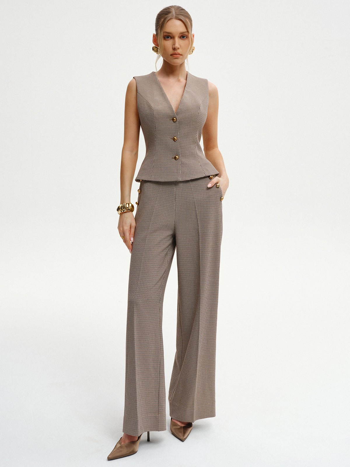 Houndstooth Metal Detail Mid-Waist Pants Houndstooth Metal Detail Mid-Waist Pants