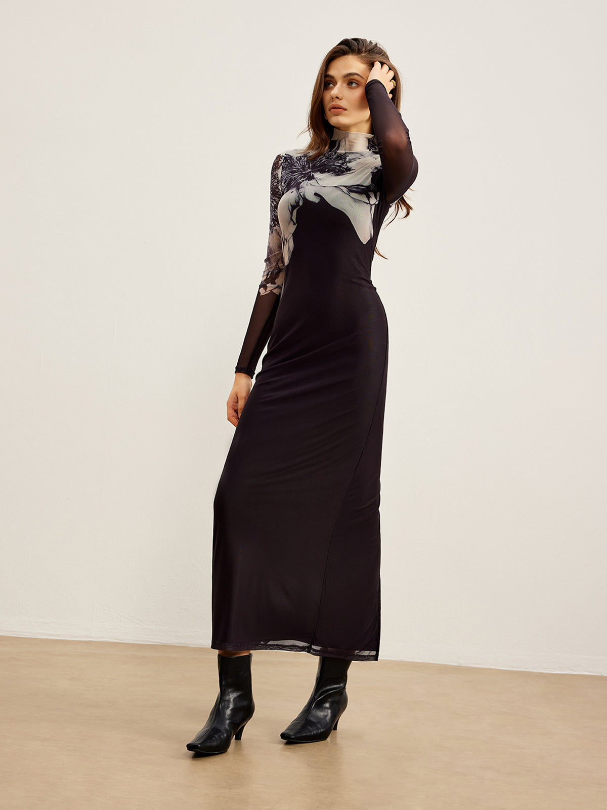 Mock Neck Printed Mesh Dress Mock Neck Printed Mesh Dress