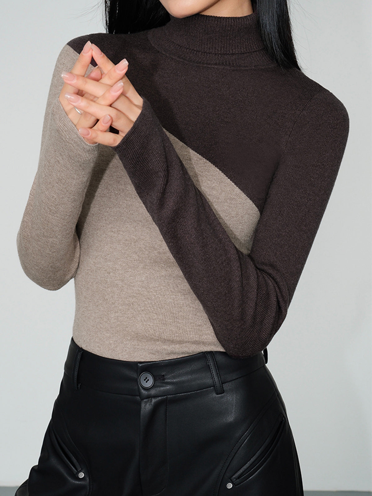 Asymmetric Patchwork Long Sleeve Mock Neck Knit Top Asymmetric Patchwork Long Sleeve Mock Neck Knit Top