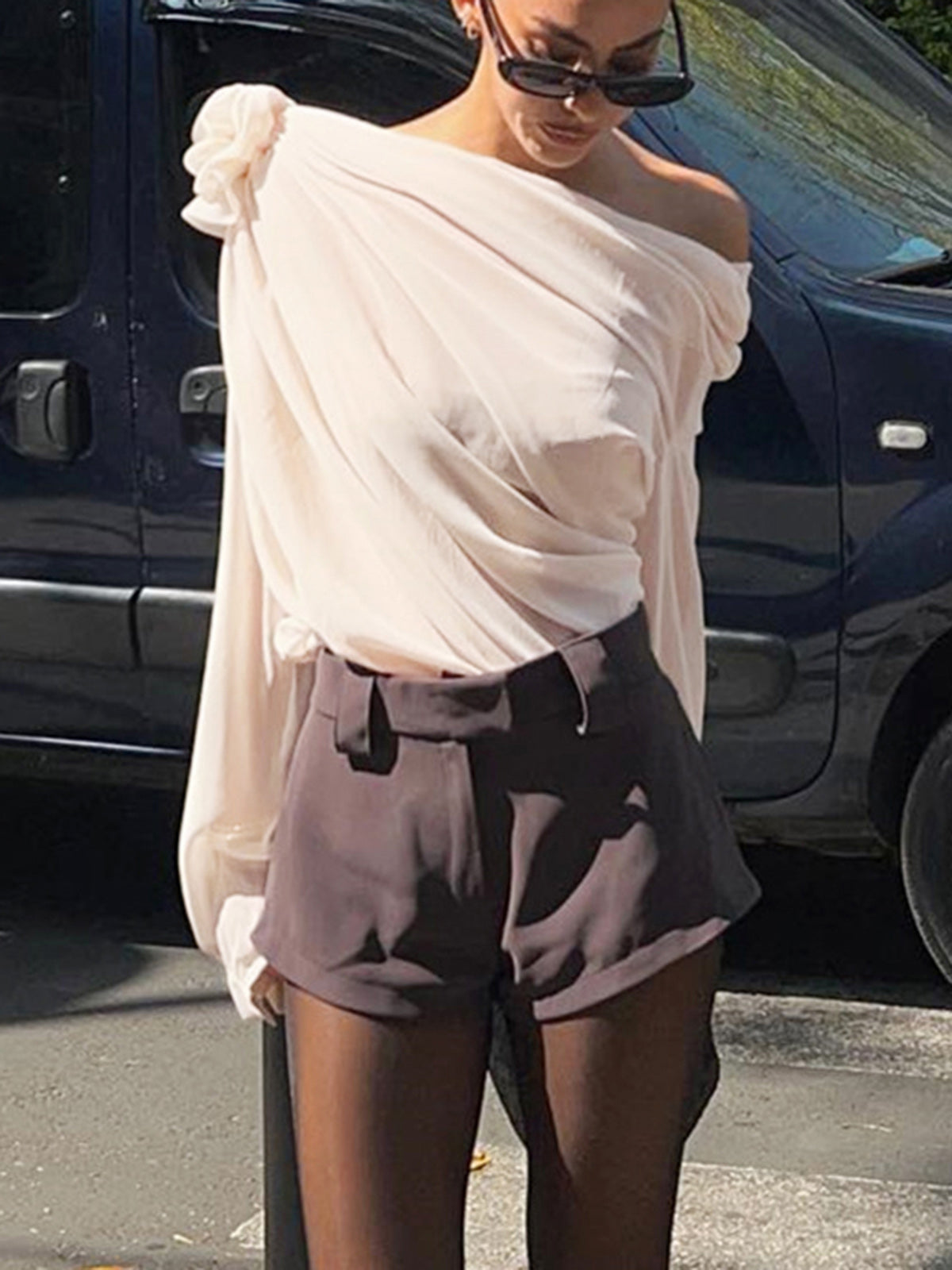 Chiffon Semi-Sheer One Shoulder Asymmetrical Blouse Chiffon Semi-Sheer One Shoulder Asymmetrical Blouse