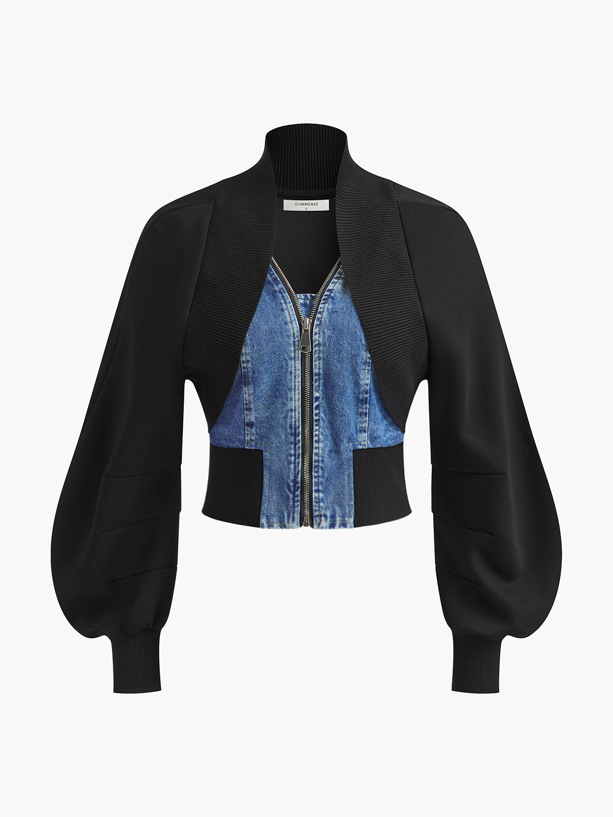 Puff-Sleeve Denim Panel Slim Jacket Puff-Sleeve Denim Panel Slim Jacket