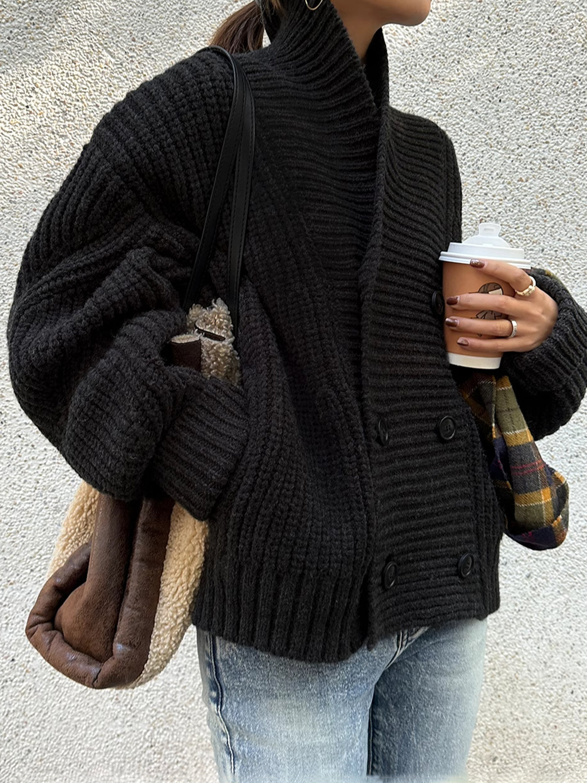 Ribbed Lapel Button Knit Outerwear Ribbed Lapel Button Knit Outerwear