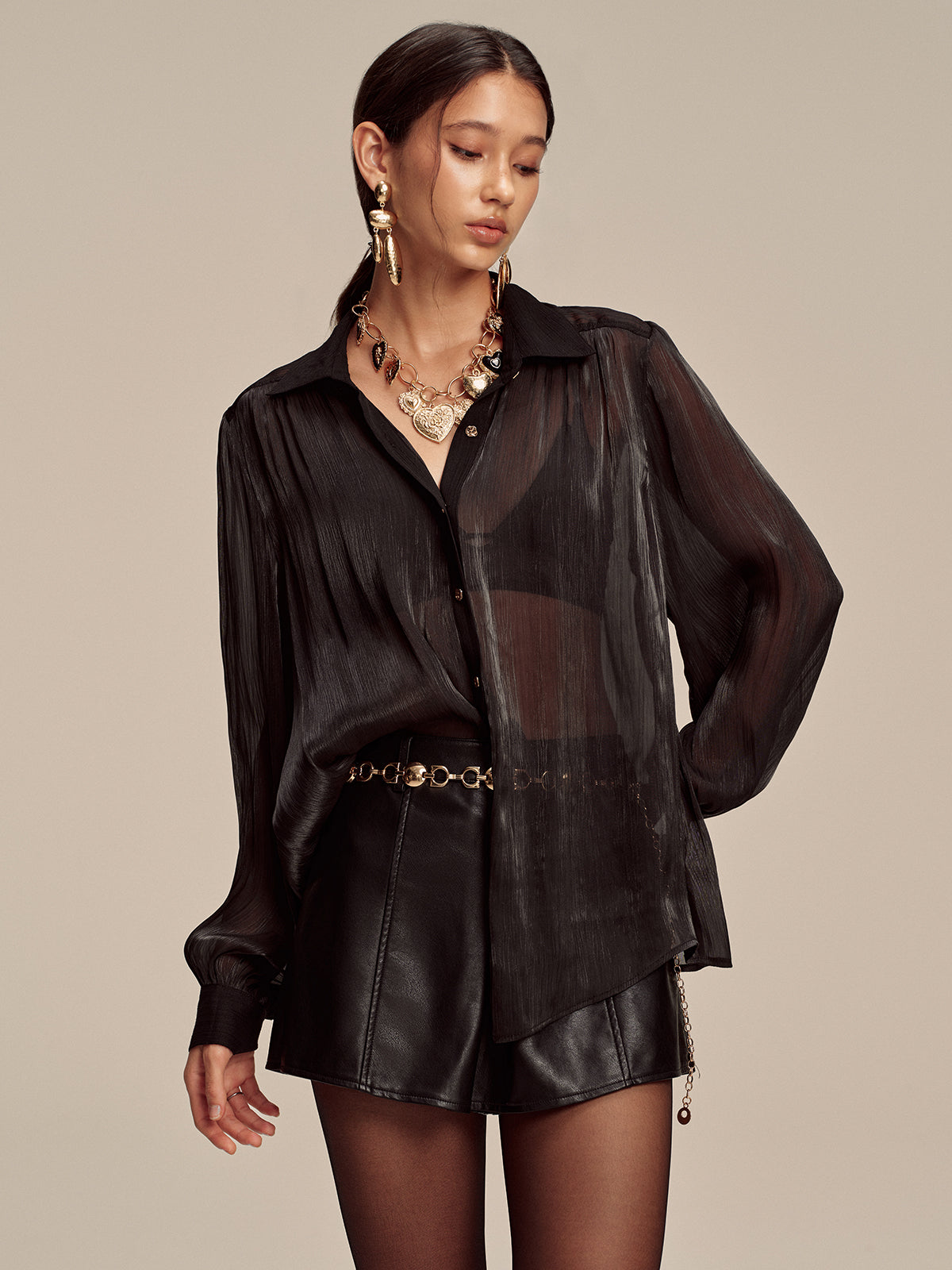 Sheer Chiffon Textured Metal Button Shirt Sheer Chiffon Textured Metal Button Shirt