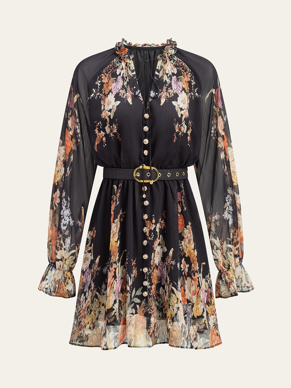 Semi-Sheer Chiffon Floral Print Belted Dress Semi-Sheer Chiffon Floral Print Belted Dress