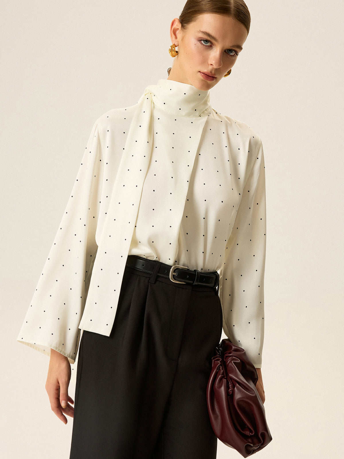 Polka Dot Satin High-Neck Blouse Polka Dot Satin High-Neck Blouse