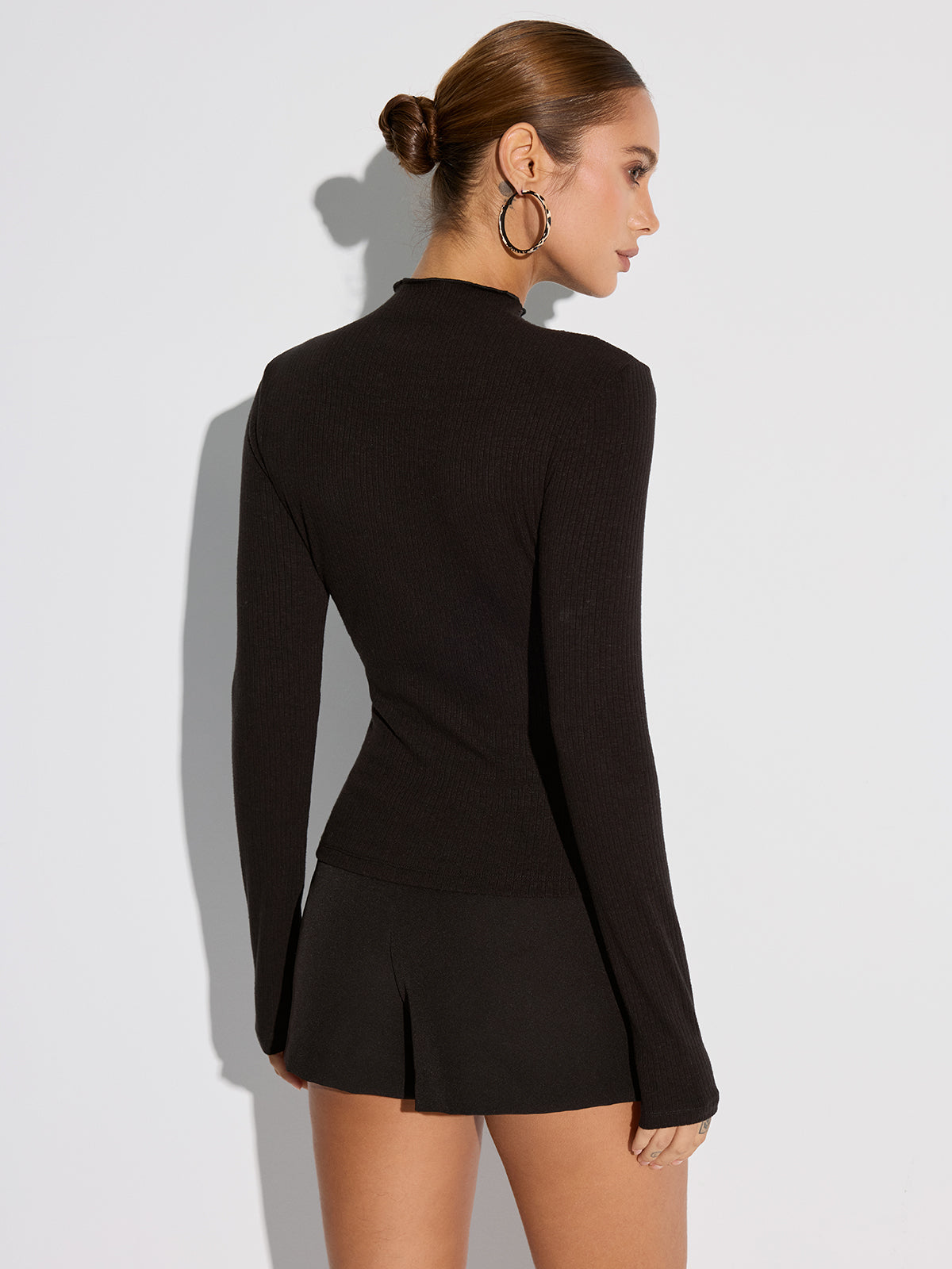 Sheer Mesh Neckline Ribbed Blouse Sheer Mesh Neckline Ribbed Blouse