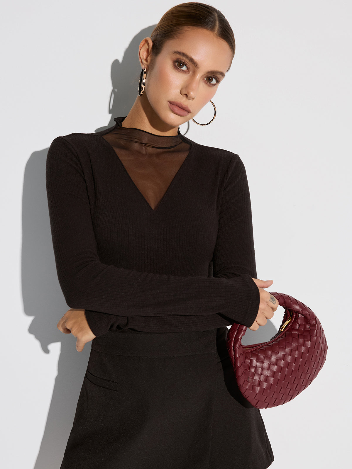 Sheer Mesh Neckline Ribbed Blouse Sheer Mesh Neckline Ribbed Blouse