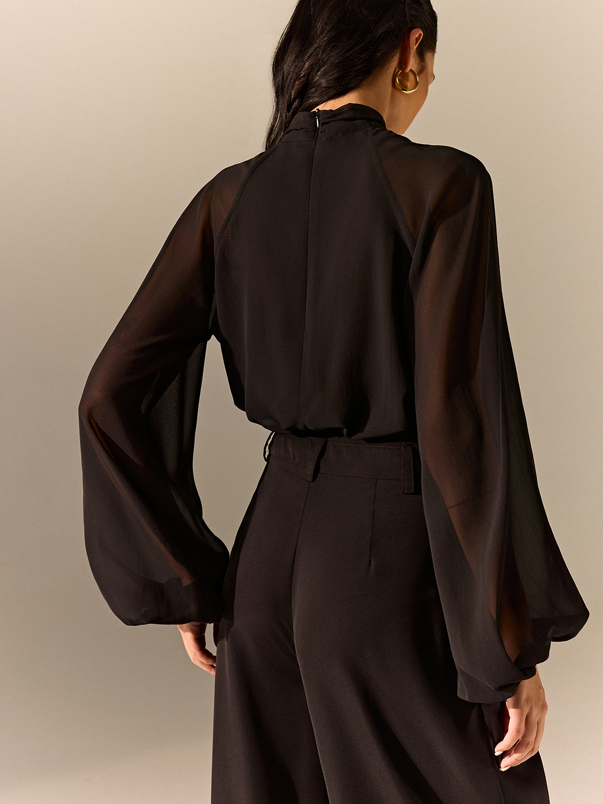 Semi-Sheer Chiffon Blouse with Neckline Metal Detail Semi-Sheer Chiffon Blouse with Neckline Metal Detail