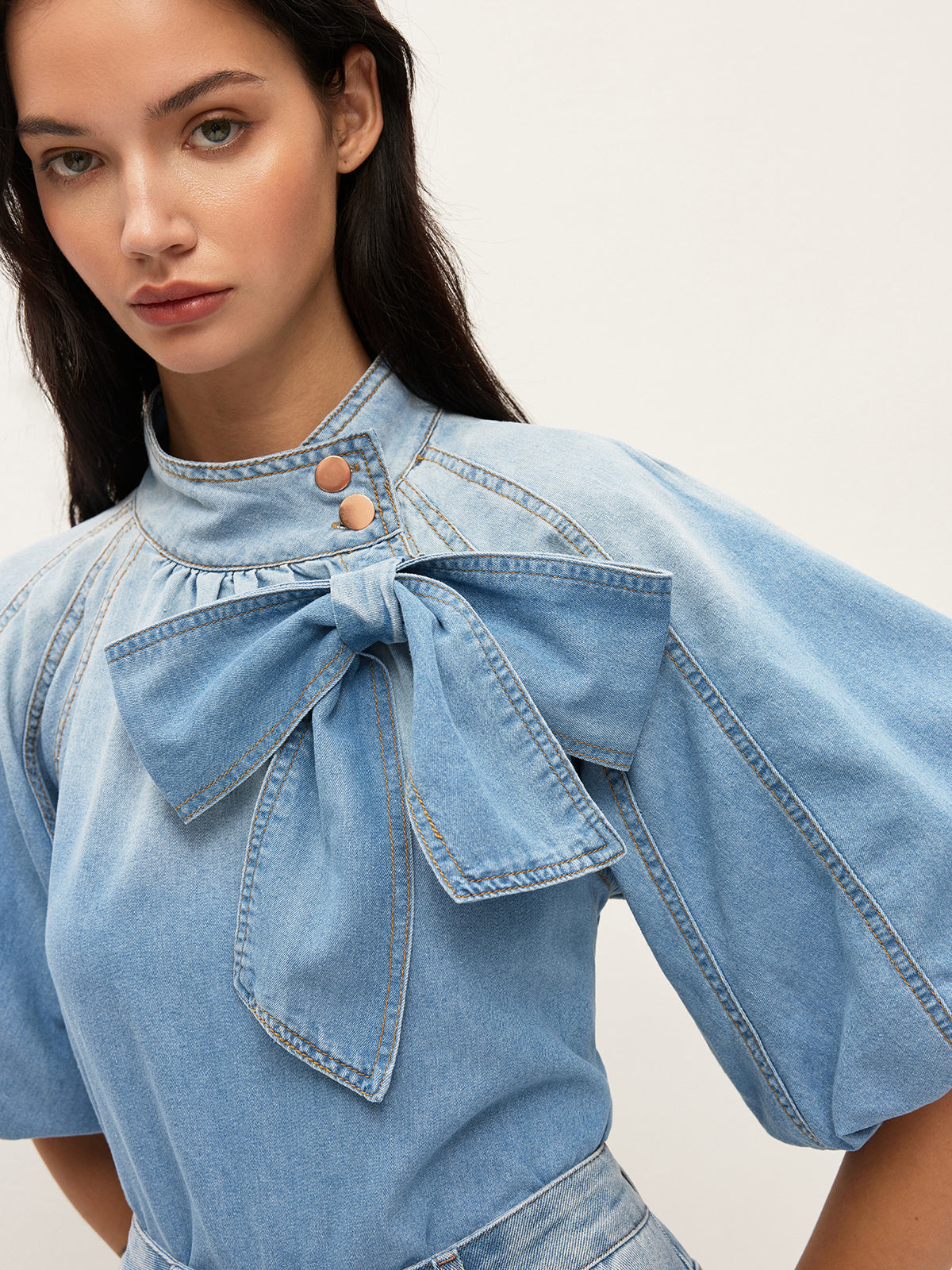 Denim Puff-Sleeve Top With Bow Detail Denim Puff-Sleeve Top With Bow Detail