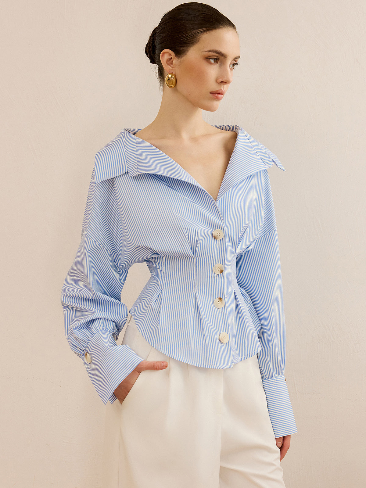 Striped Collared Shirt with Waist-Cinching Design Striped Collared Shirt with Waist-Cinching Design
