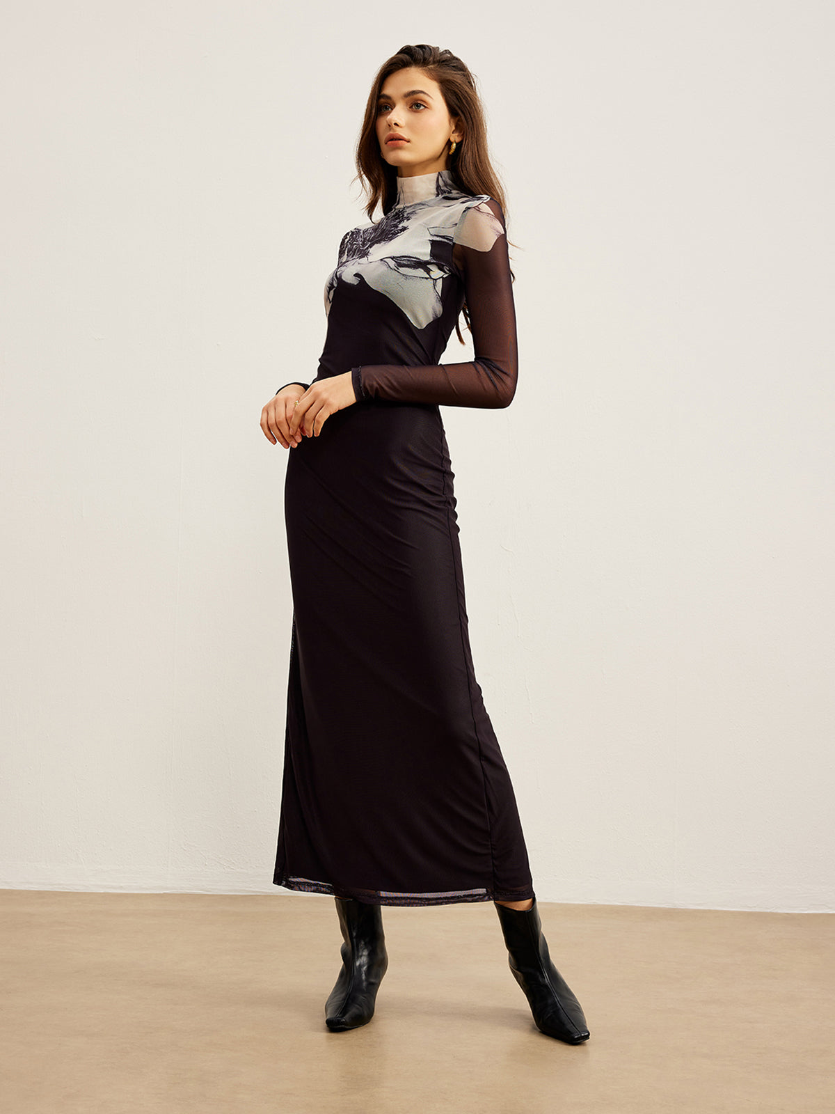 Mock Neck Printed Mesh Dress Mock Neck Printed Mesh Dress
