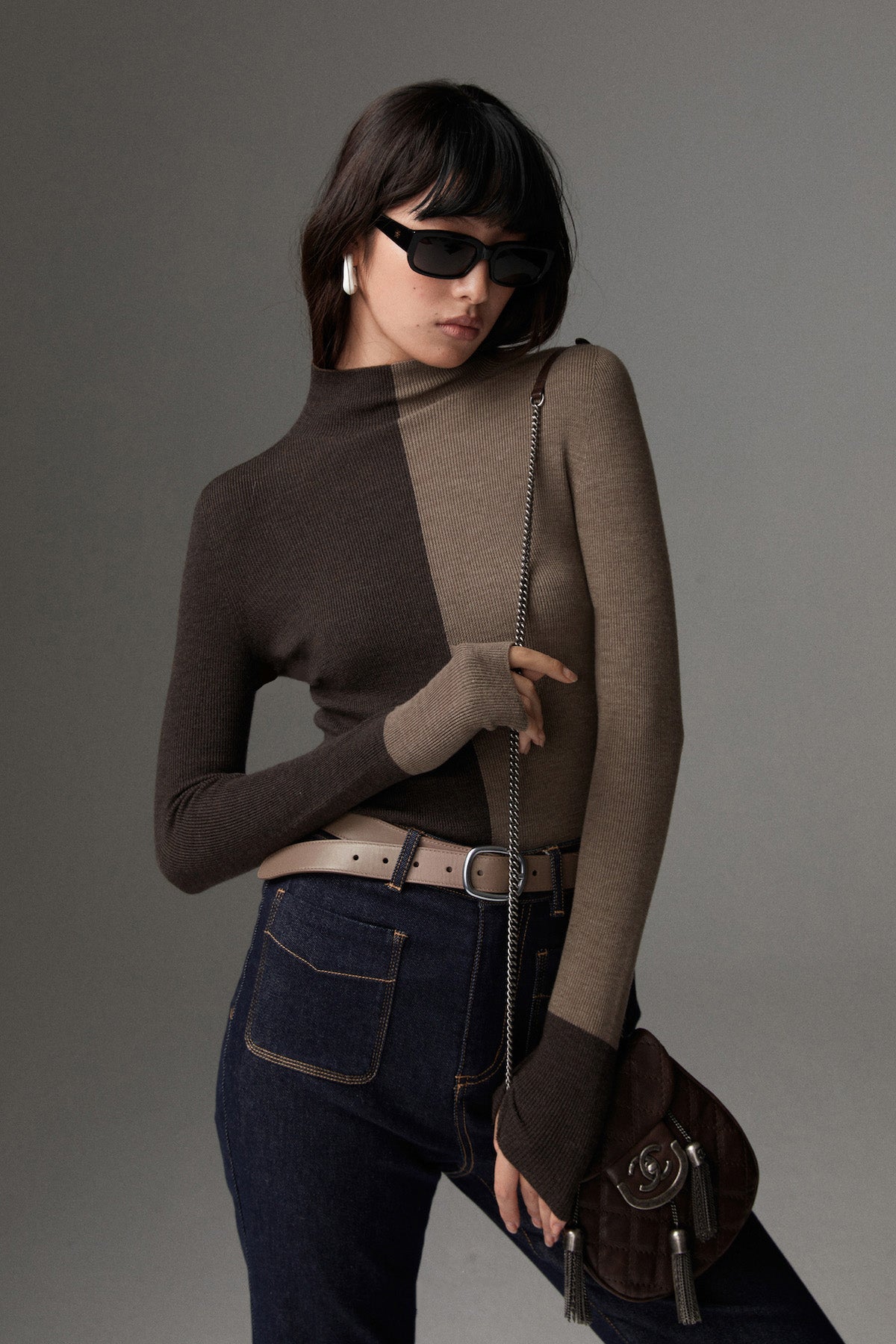 Wool-Blend Two Tone Skinny Knit Top Wool-Blend Two Tone Skinny Knit Top