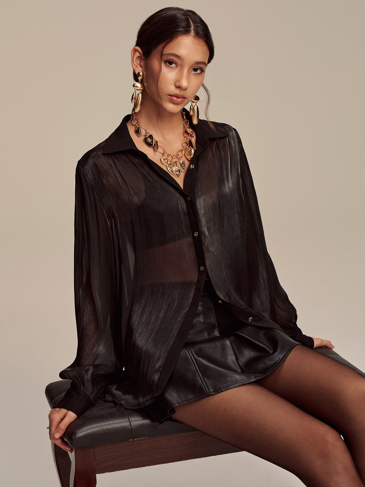 Sheer Chiffon Textured Metal Button Shirt Sheer Chiffon Textured Metal Button Shirt