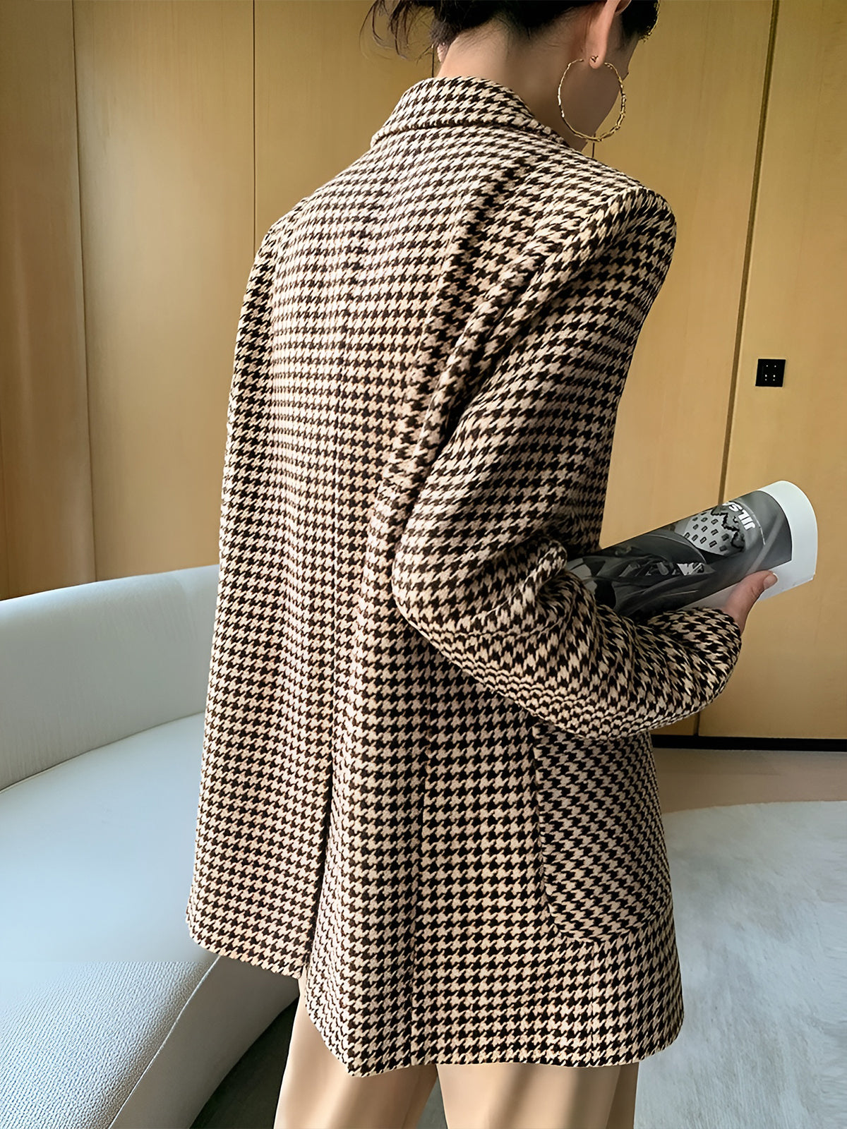 Houndstooth Split Blazer With Belt Houndstooth Split Blazer With Belt
