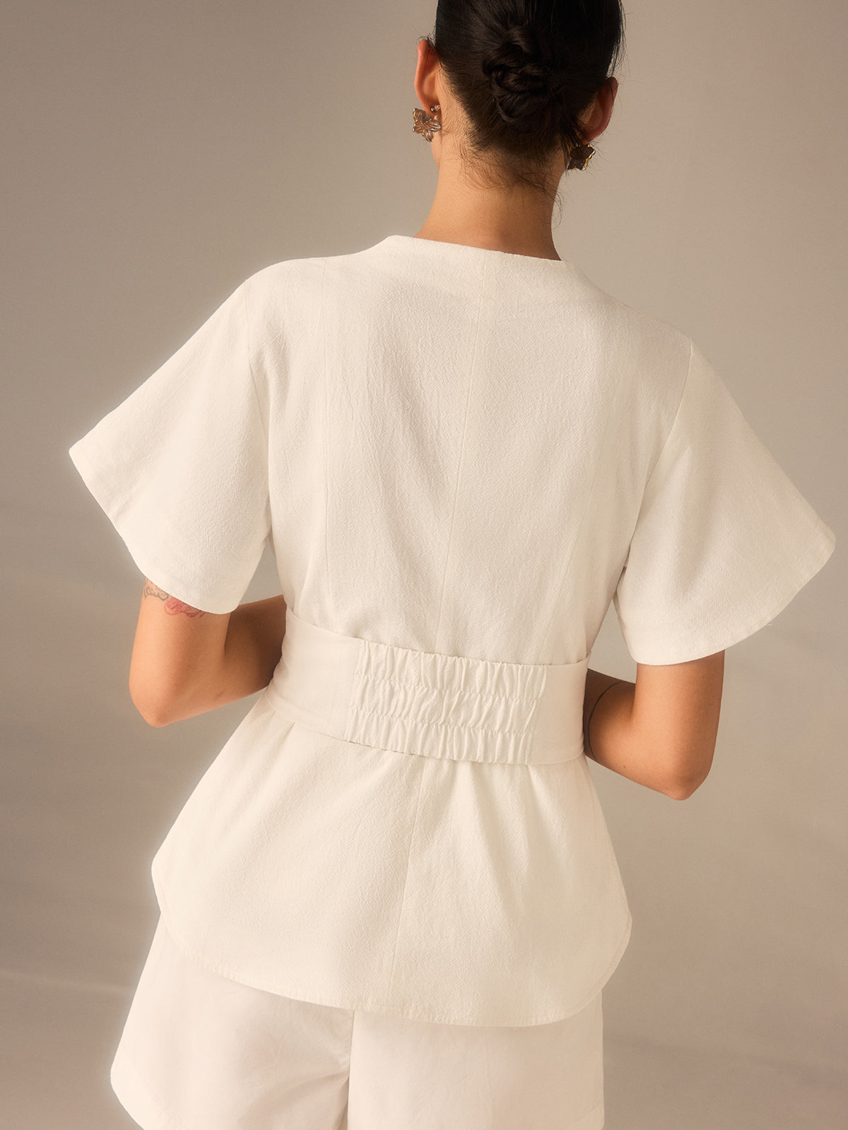 Cotton Square Neckline Top with Belted Waist Cotton Square Neckline Top with Belted Waist