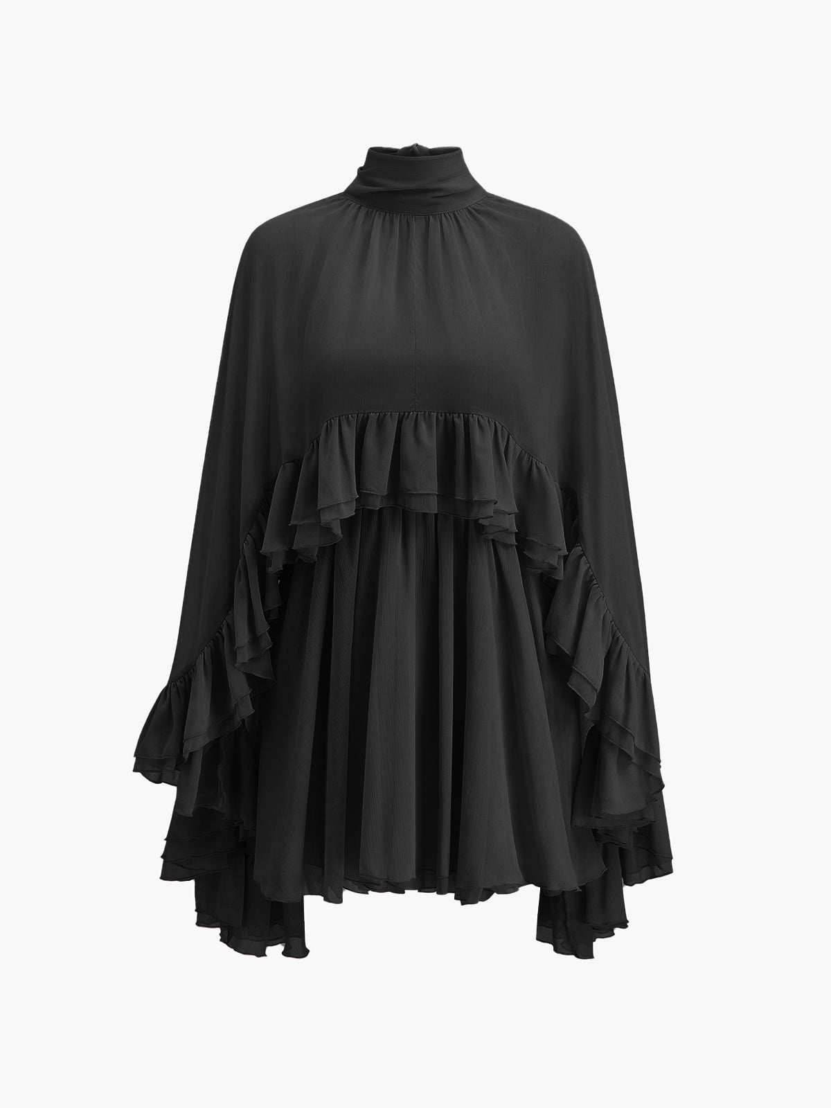 Semi-Sheer Chiffon Ruffle Dress With Outer Cape Semi-Sheer Chiffon Ruffle Dress With Outer Cape