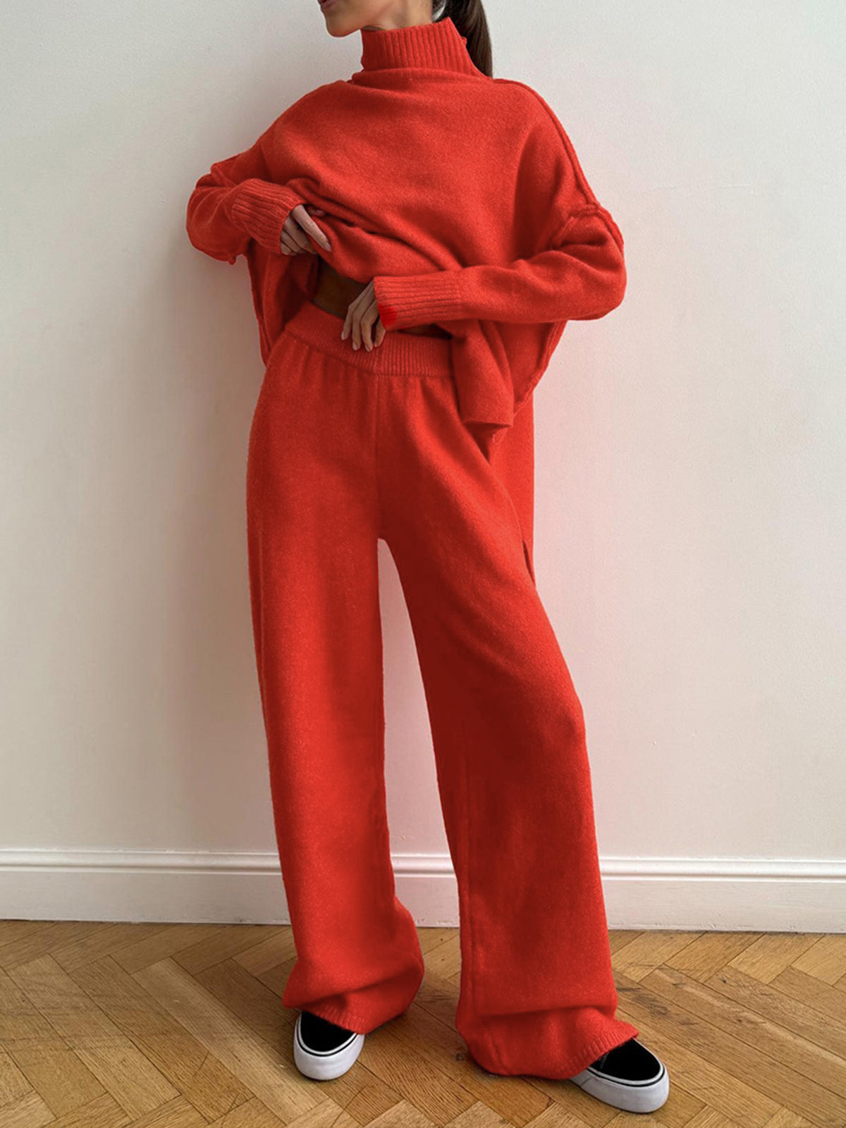 Plain Turtleneck Knit Pants Set Plain Turtleneck Knit Pants Set
