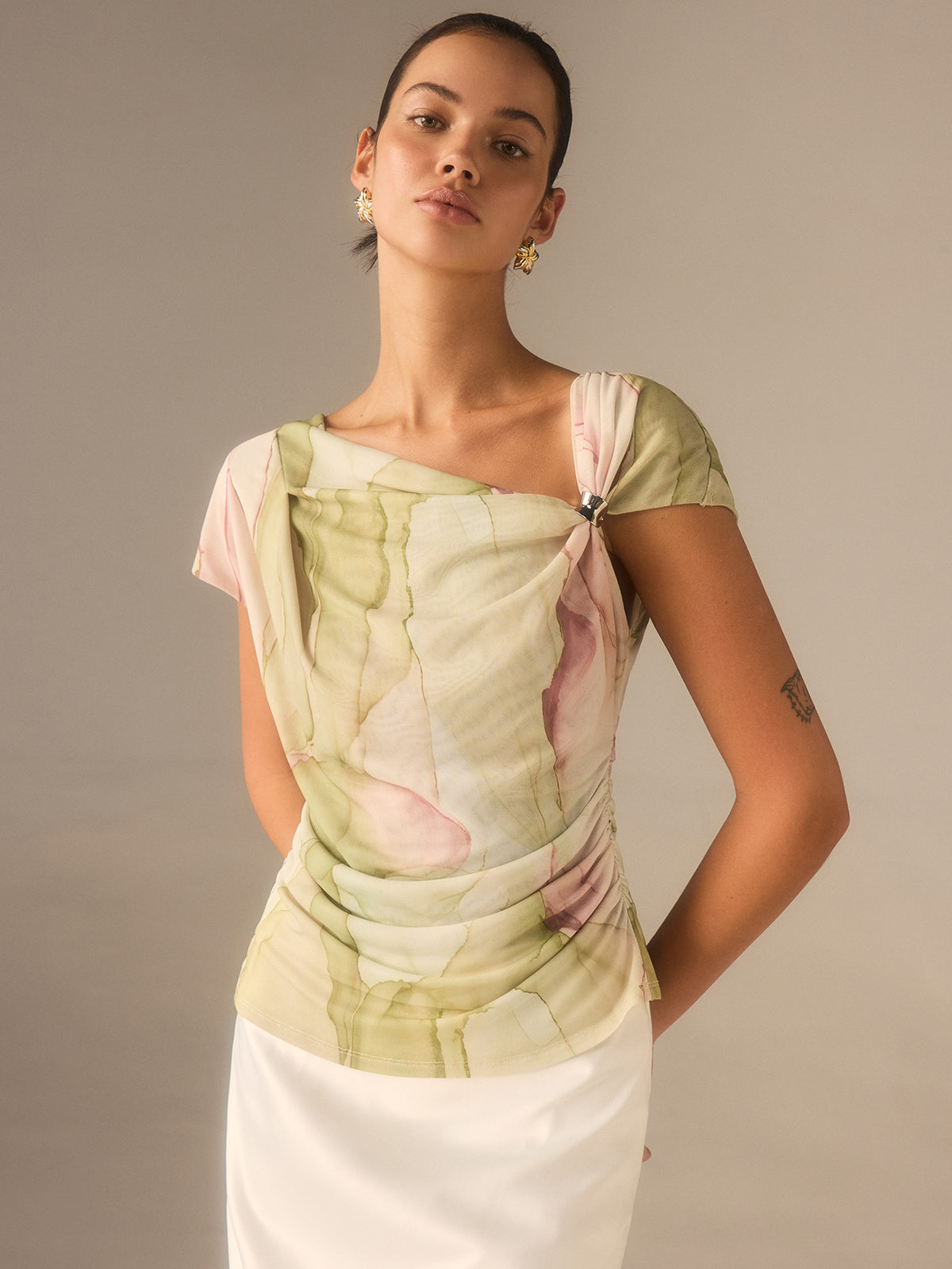 Print Asymmetric Neckline  Top Print Asymmetric Neckline  Top