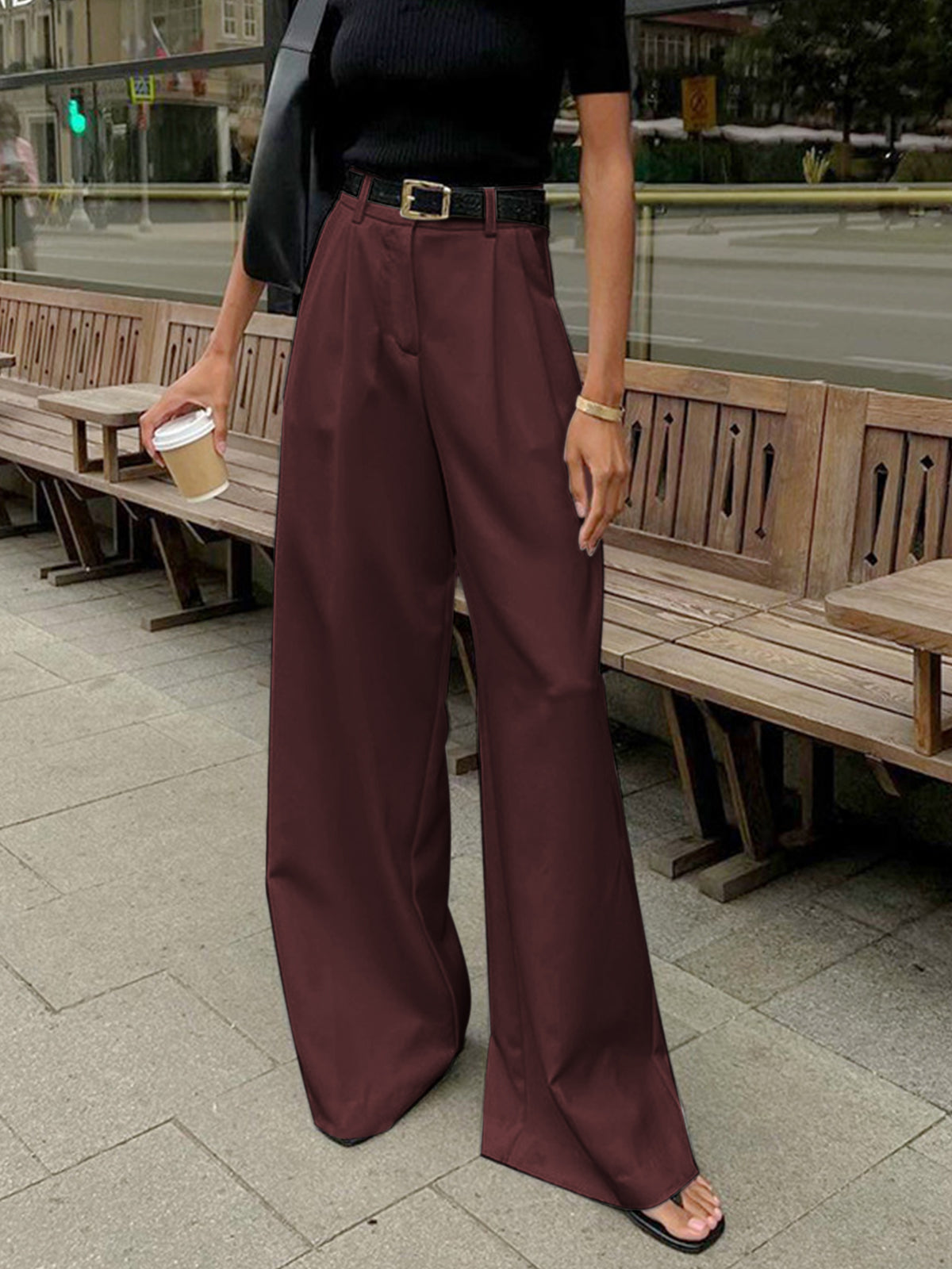 Solid Wide Leg Pants Without Belt Solid Wide Leg Pants Without Belt