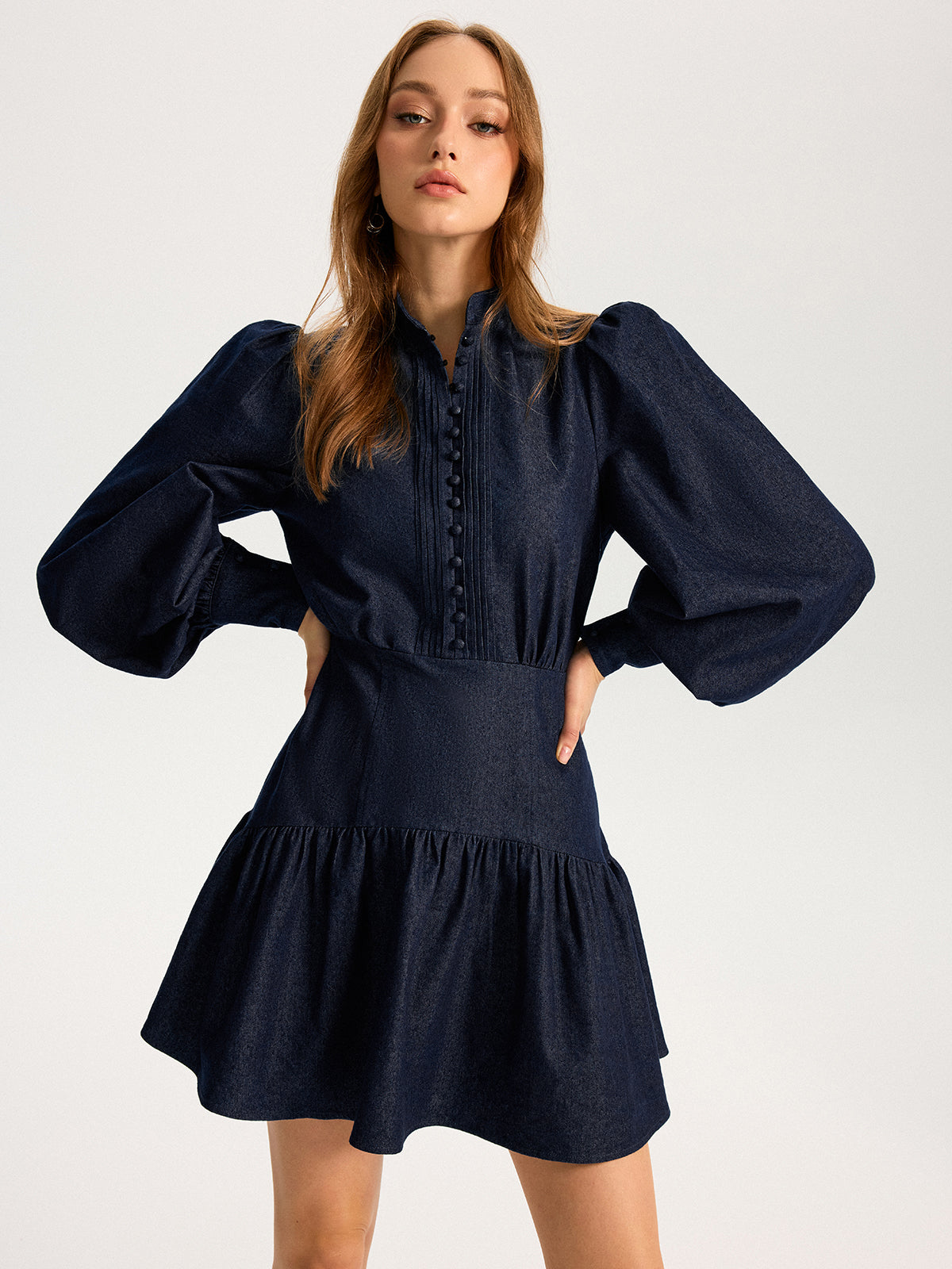 Denim Stand Collar Puff Sleeve Mini Dress Denim Stand Collar Puff Sleeve Mini Dress