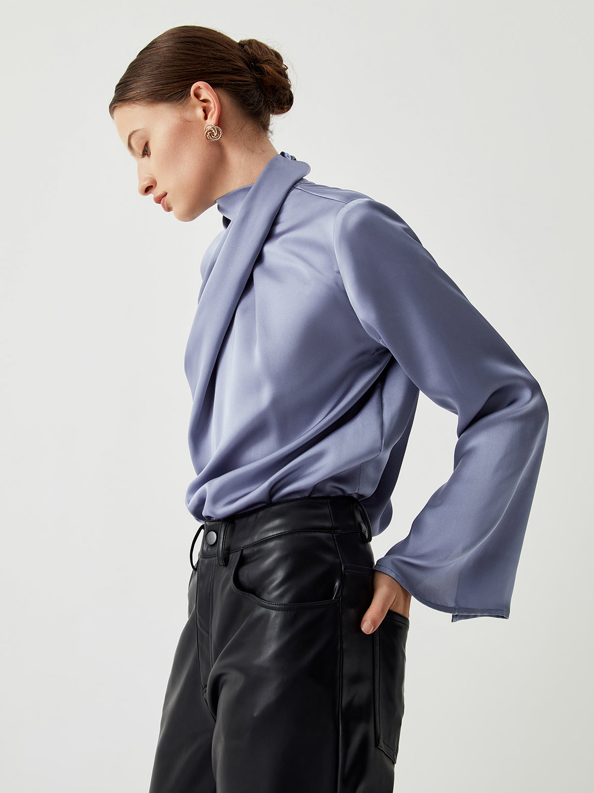 Asymmetric Pleated Turtleneck Satin Blouse Asymmetric Pleated Turtleneck Satin Blouse