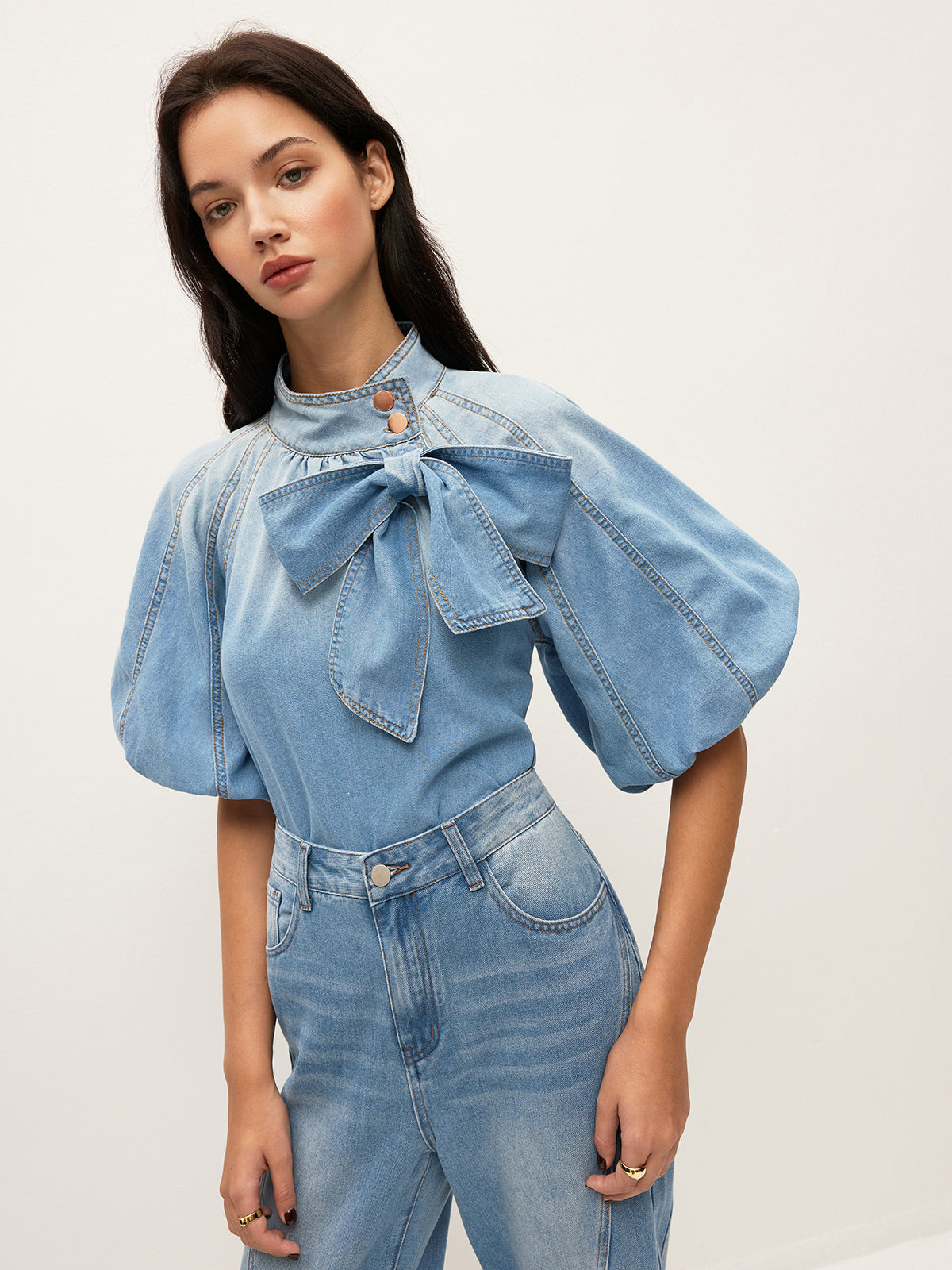 Denim Puff-Sleeve Top With Bow Detail Denim Puff-Sleeve Top With Bow Detail