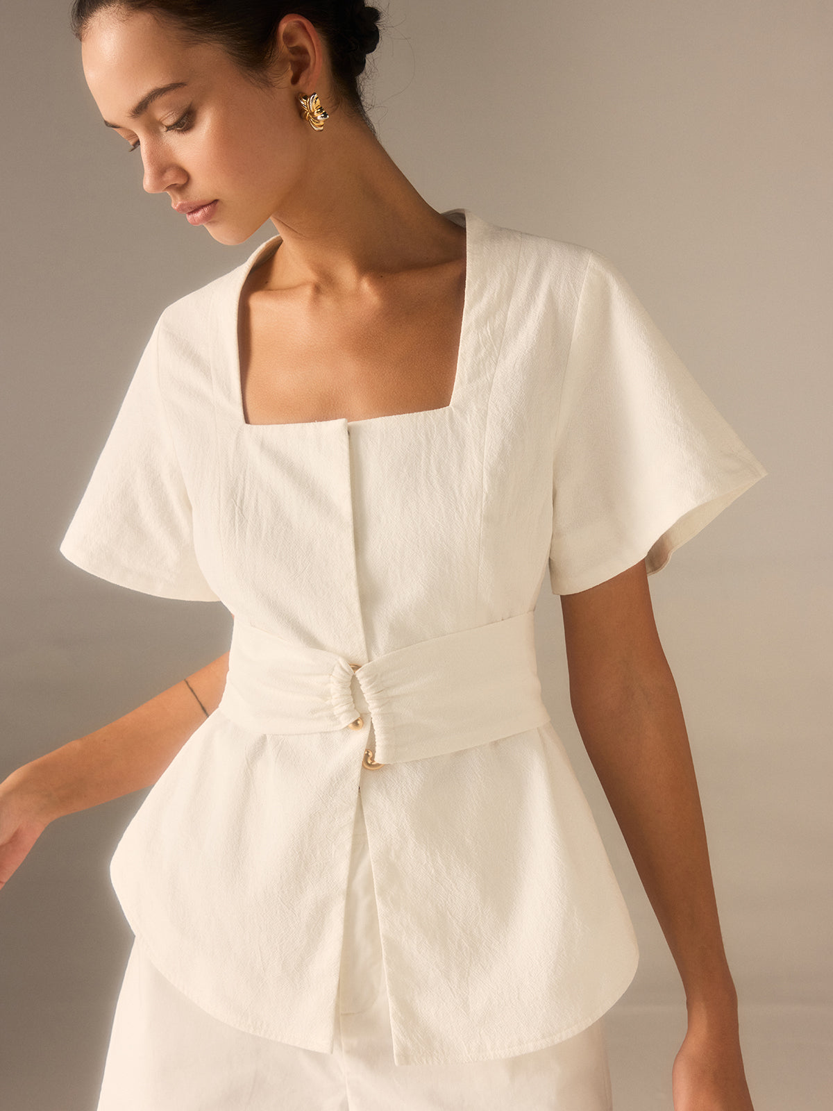 Cotton Square Neckline Top with Belted Waist Cotton Square Neckline Top with Belted Waist