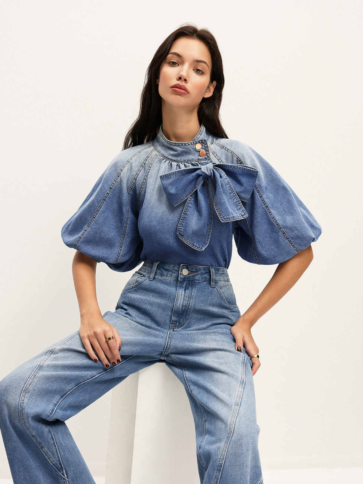 Denim Puff-Sleeve Top With Bow Detail Denim Puff-Sleeve Top With Bow Detail