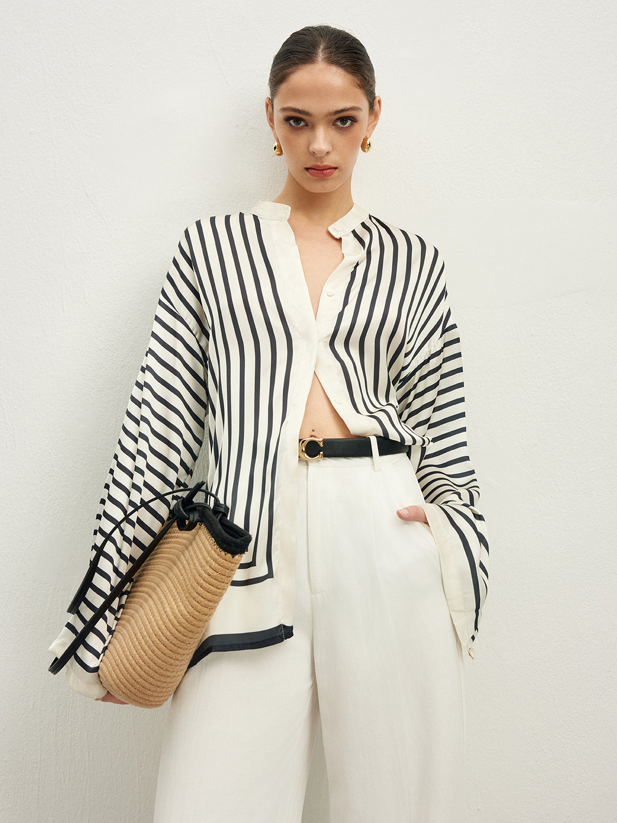 Satin Striped Button Cozy Blouse Satin Striped Button Cozy Blouse