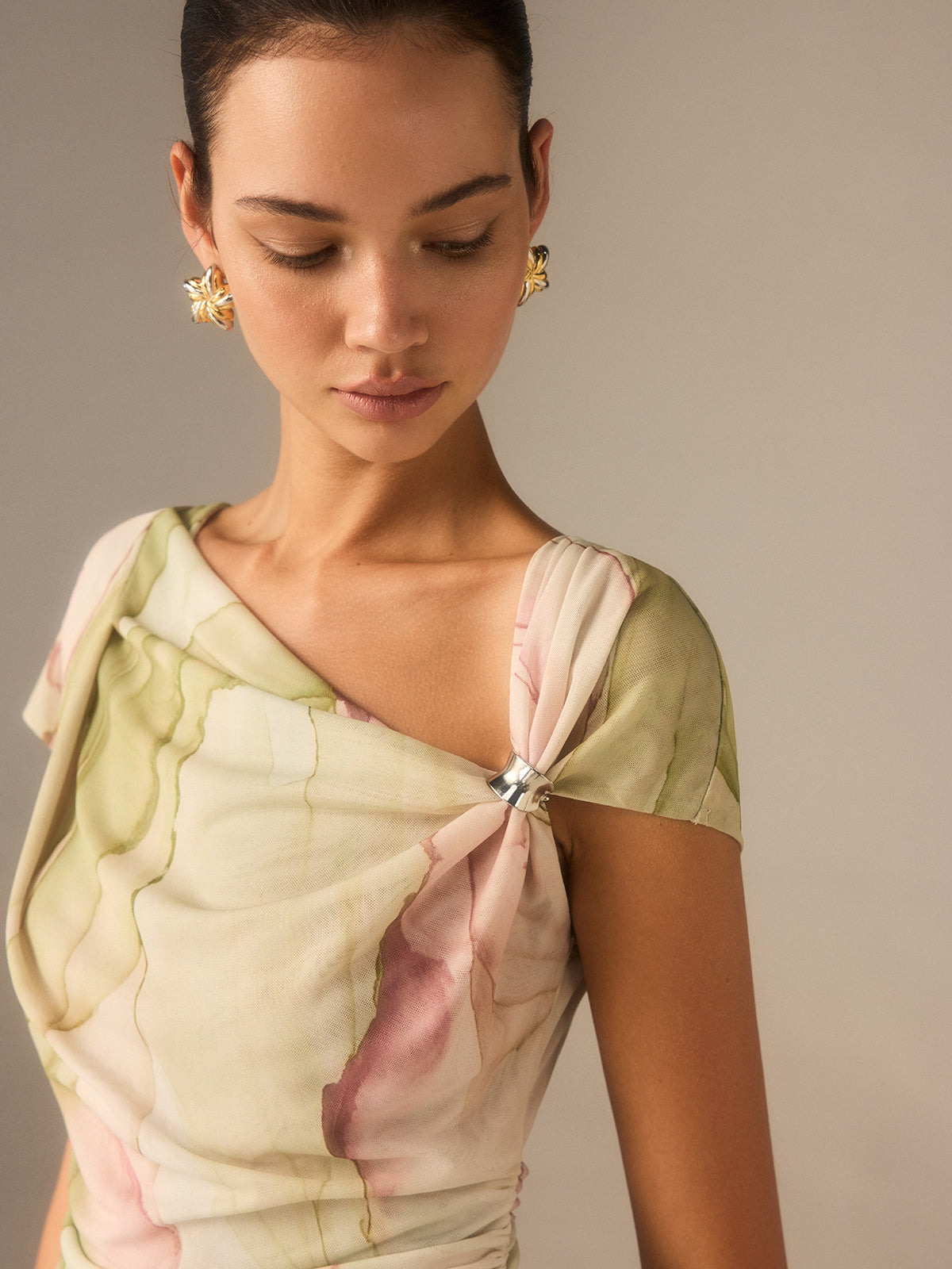 Print Asymmetric Neckline  Top Print Asymmetric Neckline  Top