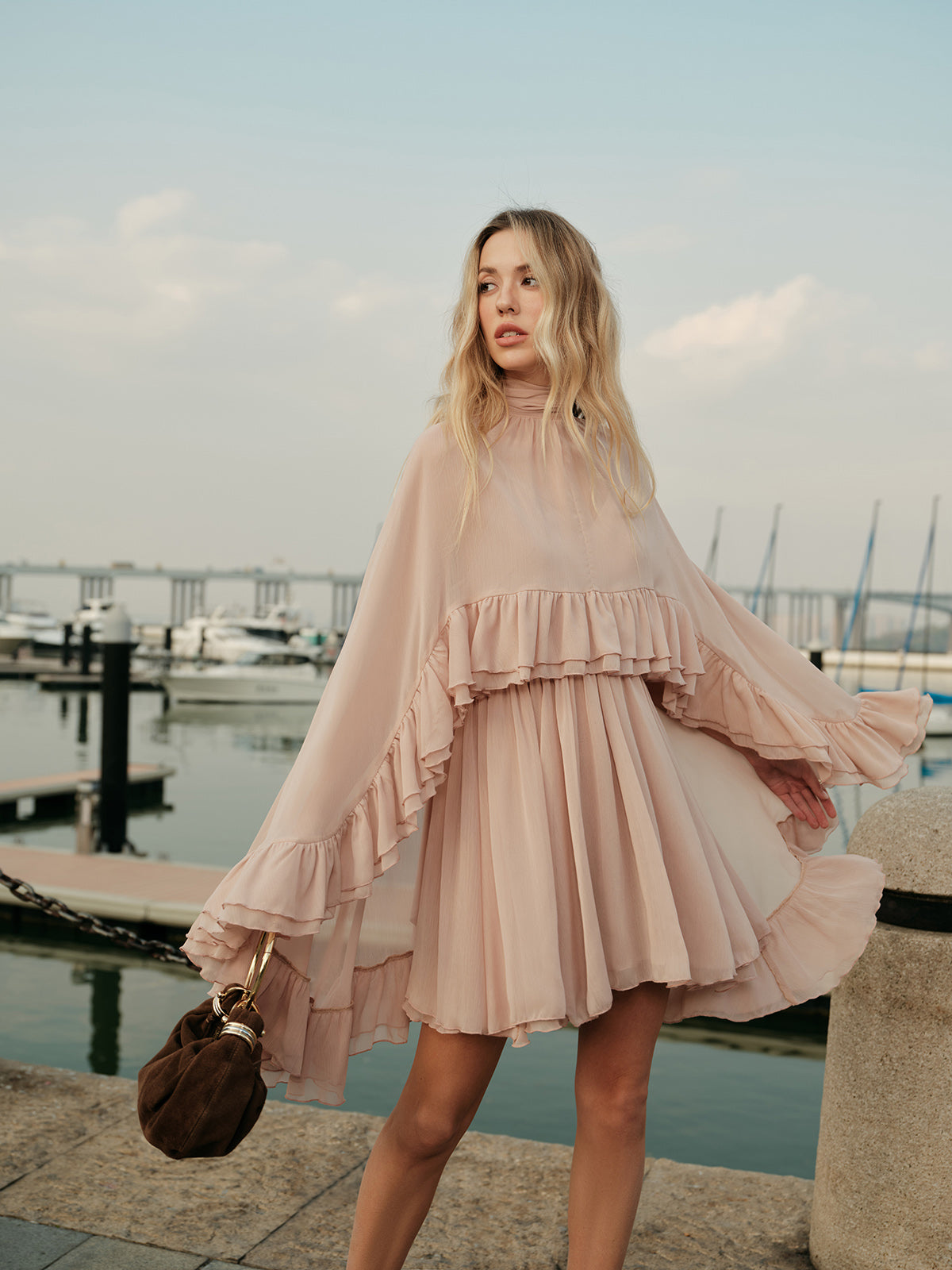 Semi-Sheer Chiffon Ruffle Dress With Outer Cape Semi-Sheer Chiffon Ruffle Dress With Outer Cape
