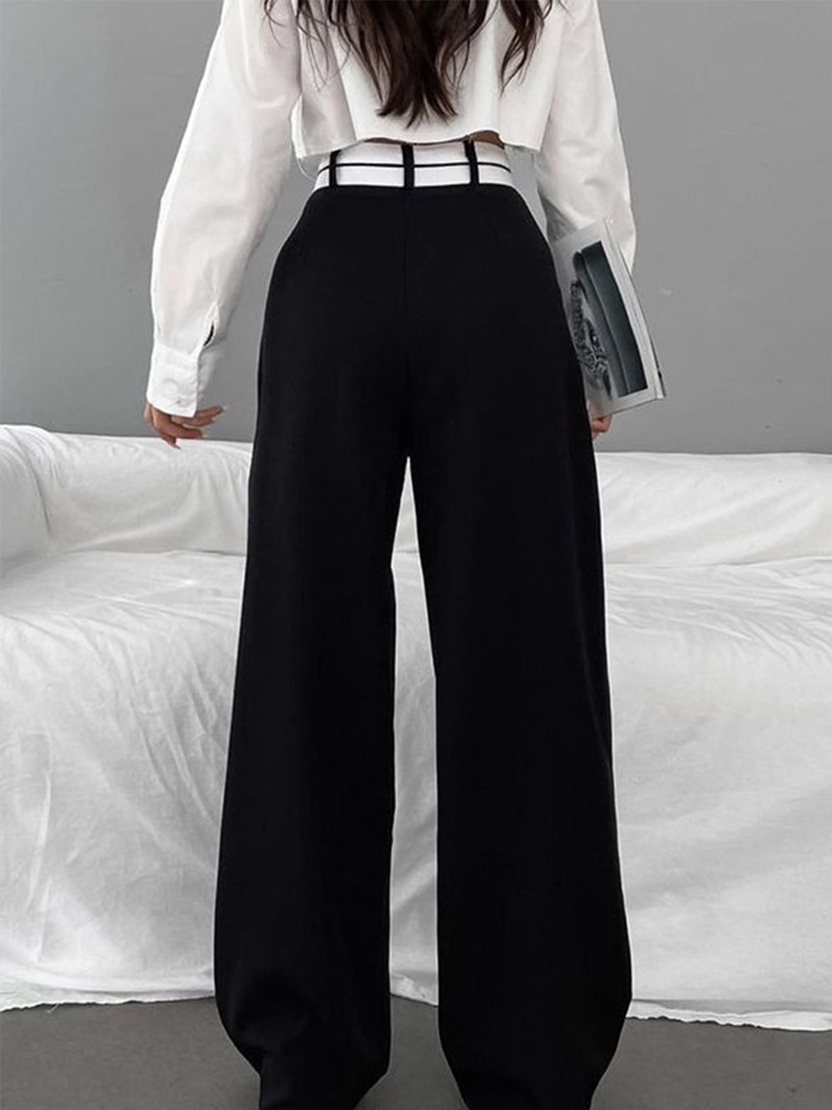 Asymmetrical Contrast Waistband Wide Leg Dress Pants Asymmetrical Contrast Waistband Wide Leg Dress Pants