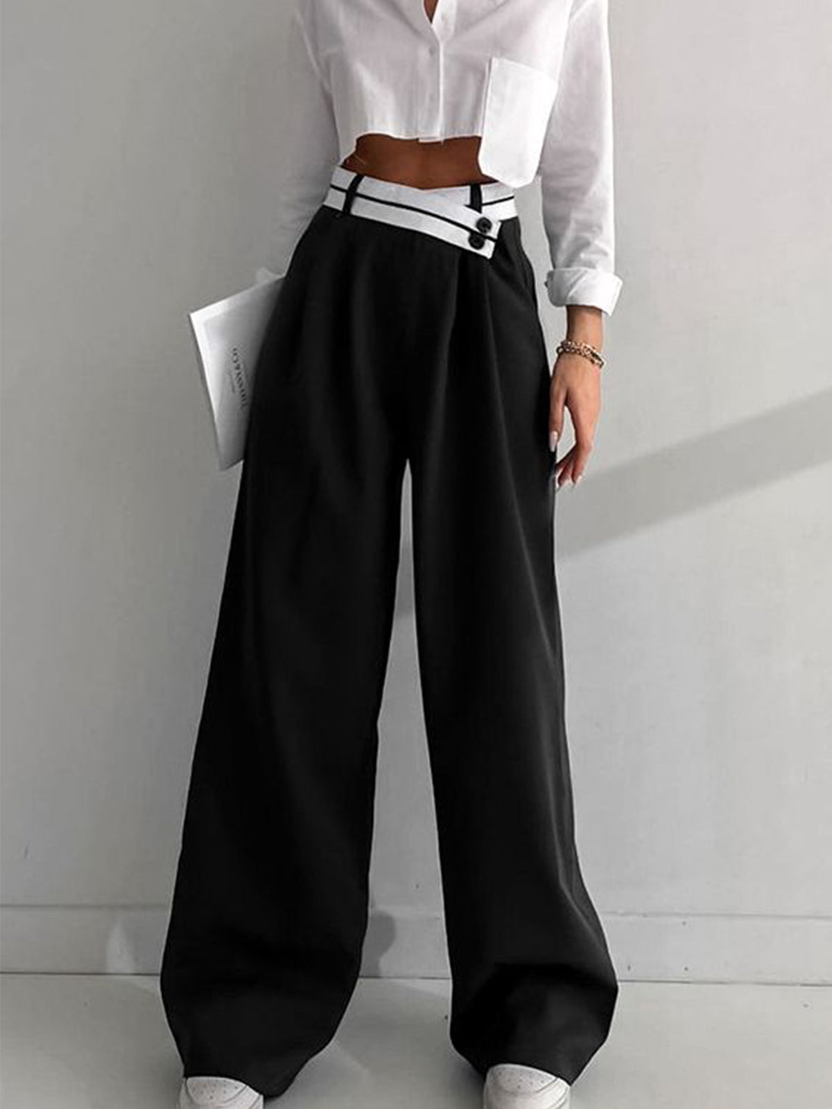 Asymmetrical Contrast Waistband Wide Leg Dress Pants Asymmetrical Contrast Waistband Wide Leg Dress Pants