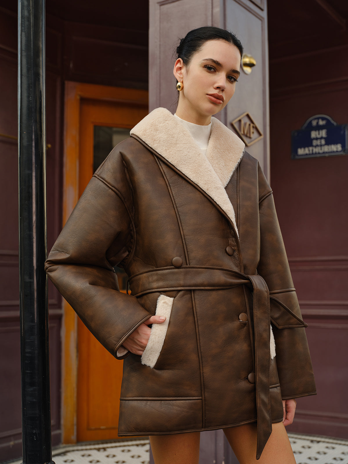Pockets Belted Faux Leather Fleece Jacket Pockets Belted Faux Leather Fleece Jacket