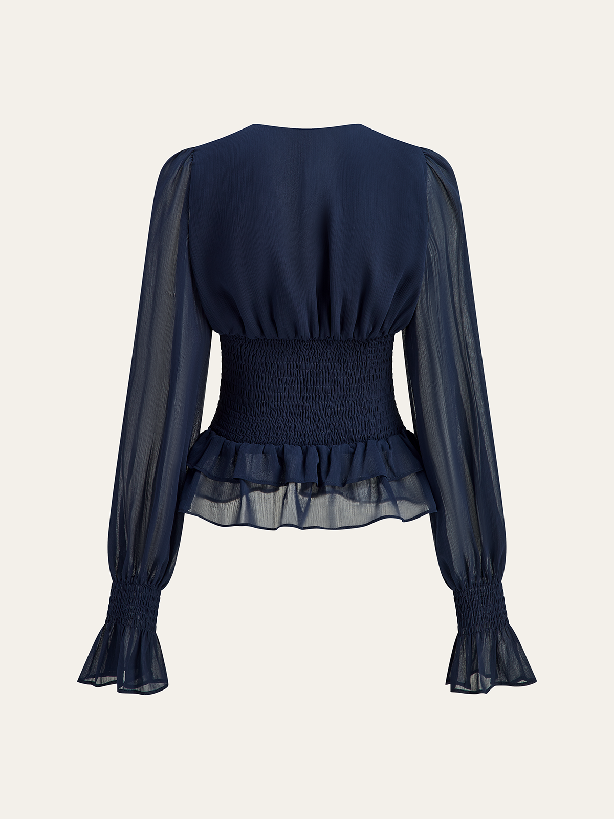 Mesh-Paneled Ruffled Hem Smocked Waist Blouse Mesh-Paneled Ruffled Hem Smocked Waist Blouse