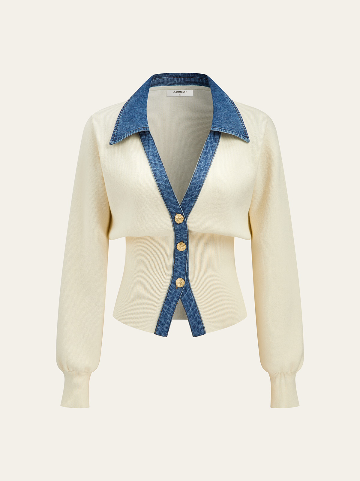 Denim Collar Metal Button V-Neck Knit Top Denim Collar Metal Button V-Neck Knit Top