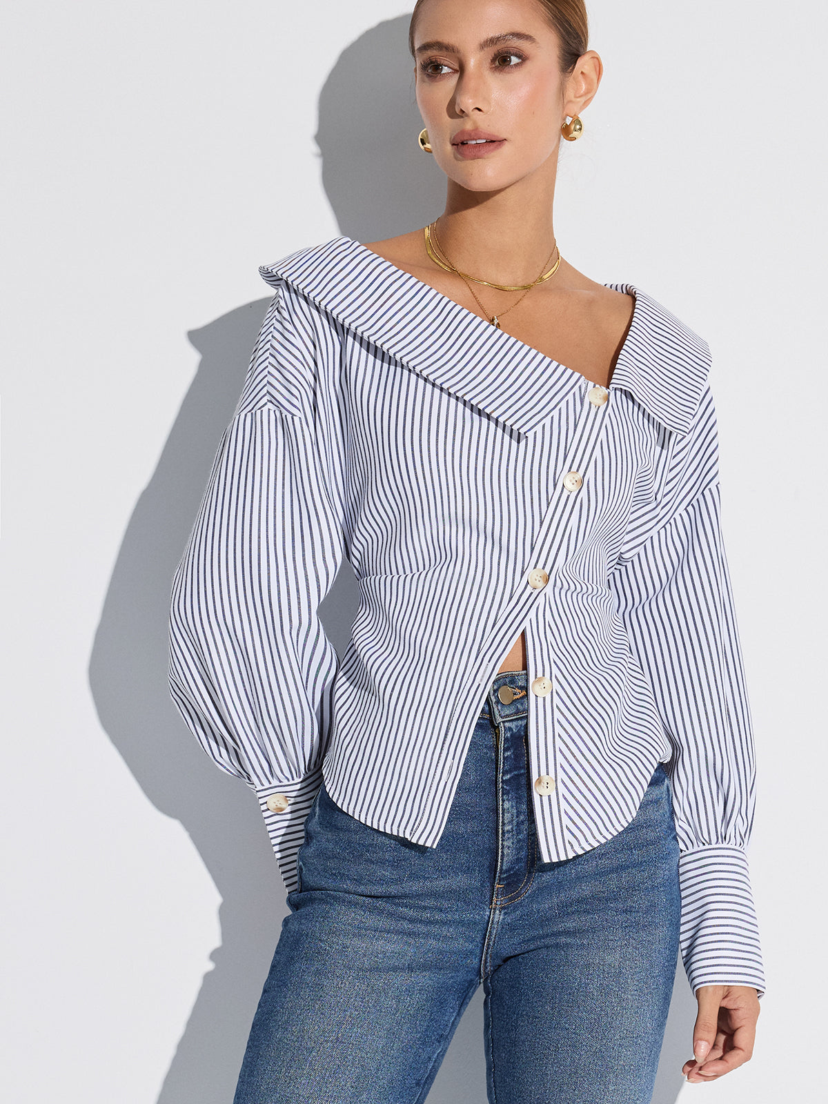 Striped Asymmetrical Placket Button Shirt Striped Asymmetrical Placket Button Shirt