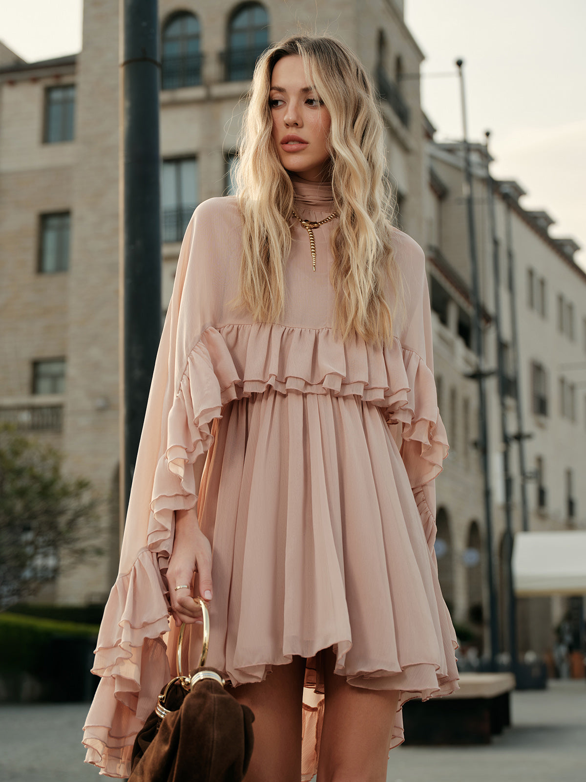 Semi-Sheer Chiffon Ruffle Dress With Outer Cape Semi-Sheer Chiffon Ruffle Dress With Outer Cape
