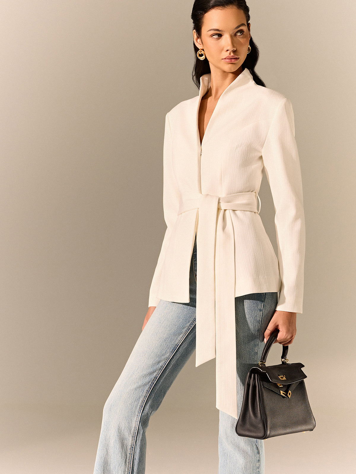 Stand Collar Belted Long Sleeve Blazer Stand Collar Belted Long Sleeve Blazer