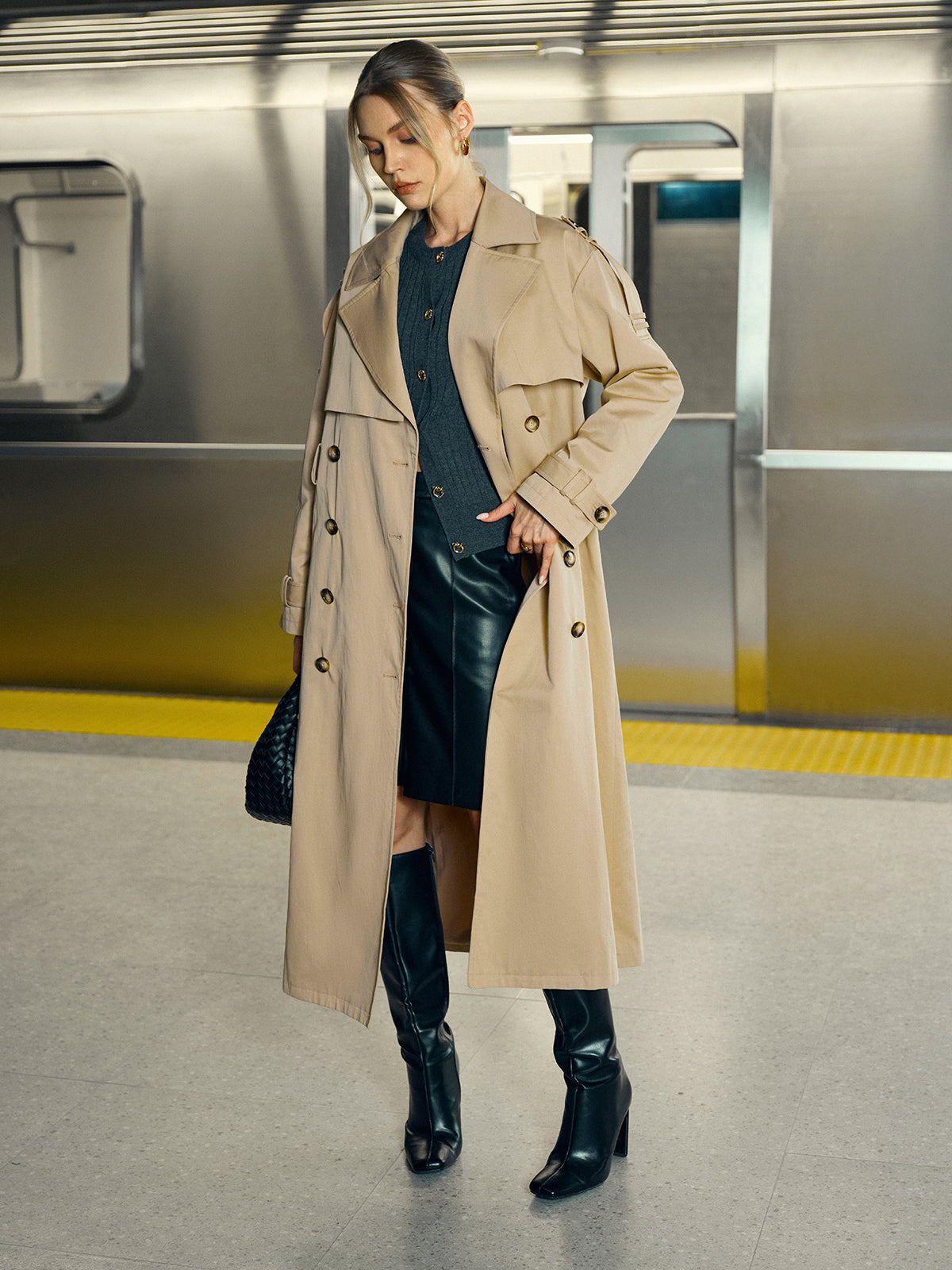 Cotton-Blend Double-Breasted Belted Long Trench Coat Cotton-Blend Double-Breasted Belted Long Trench Coat