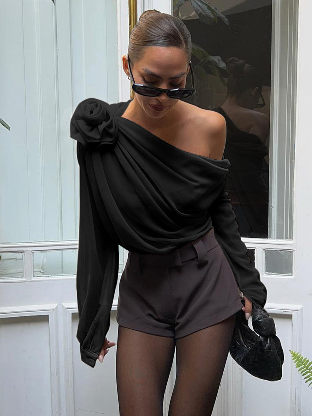 Chiffon Semi-Sheer One Shoulder Asymmetrical Blouse Chiffon Semi-Sheer One Shoulder Asymmetrical Blouse