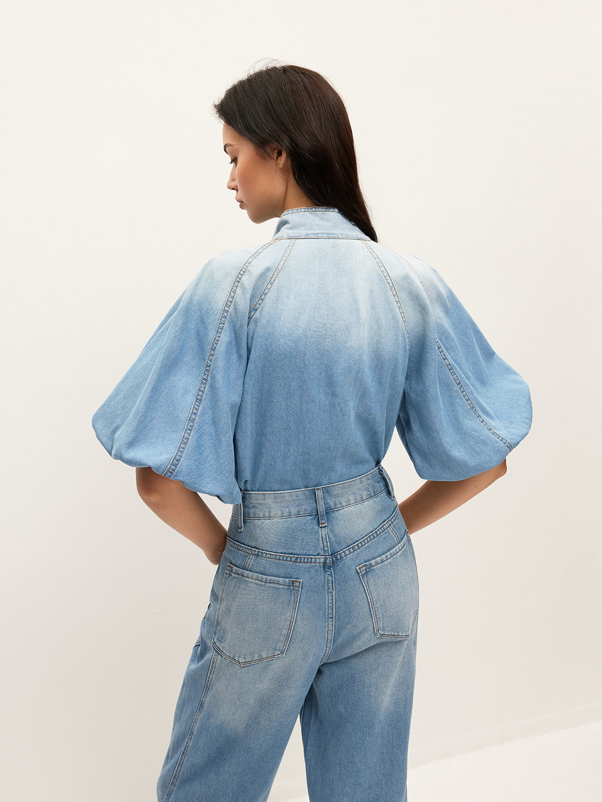Denim Puff-Sleeve Top With Bow Detail Denim Puff-Sleeve Top With Bow Detail