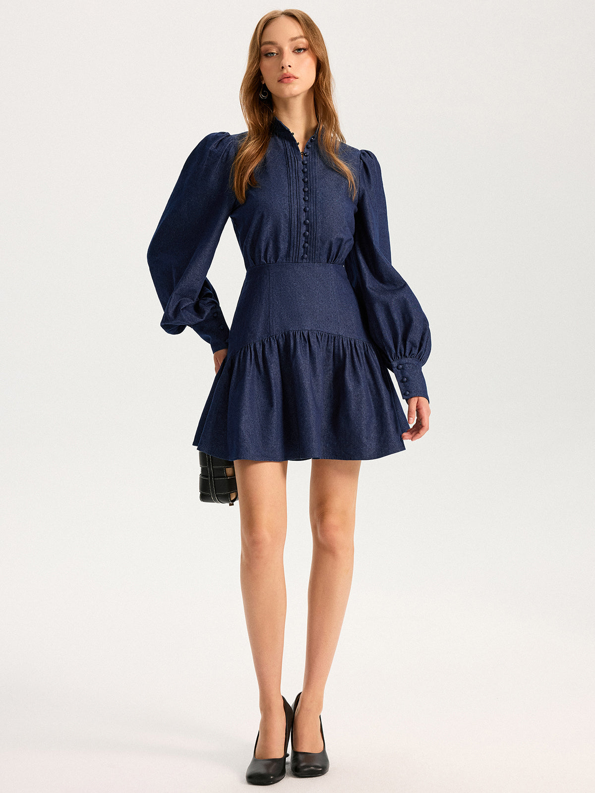 Denim Stand Collar Puff Sleeve Mini Dress Denim Stand Collar Puff Sleeve Mini Dress