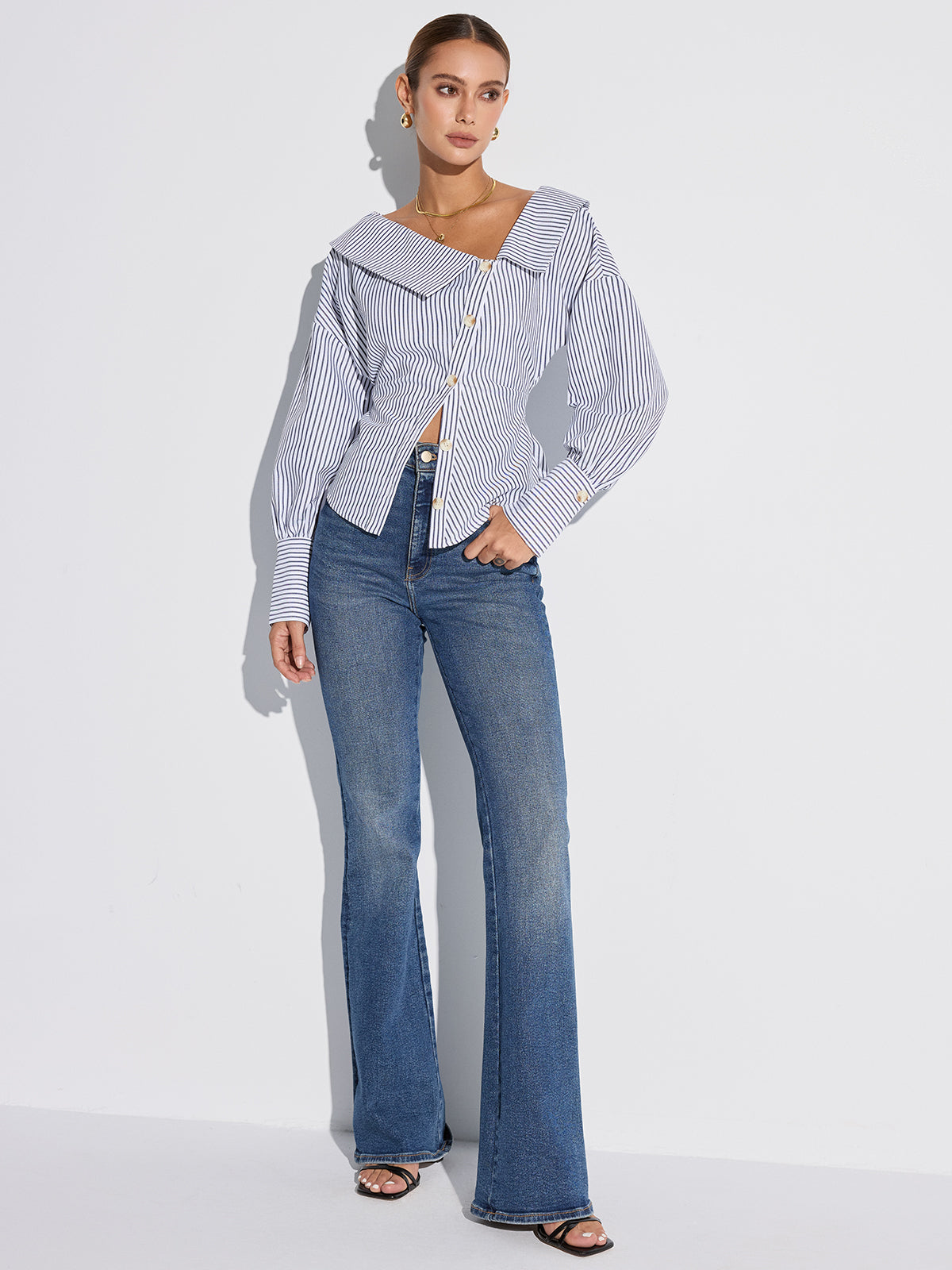 Striped Asymmetrical Placket Button Shirt Striped Asymmetrical Placket Button Shirt