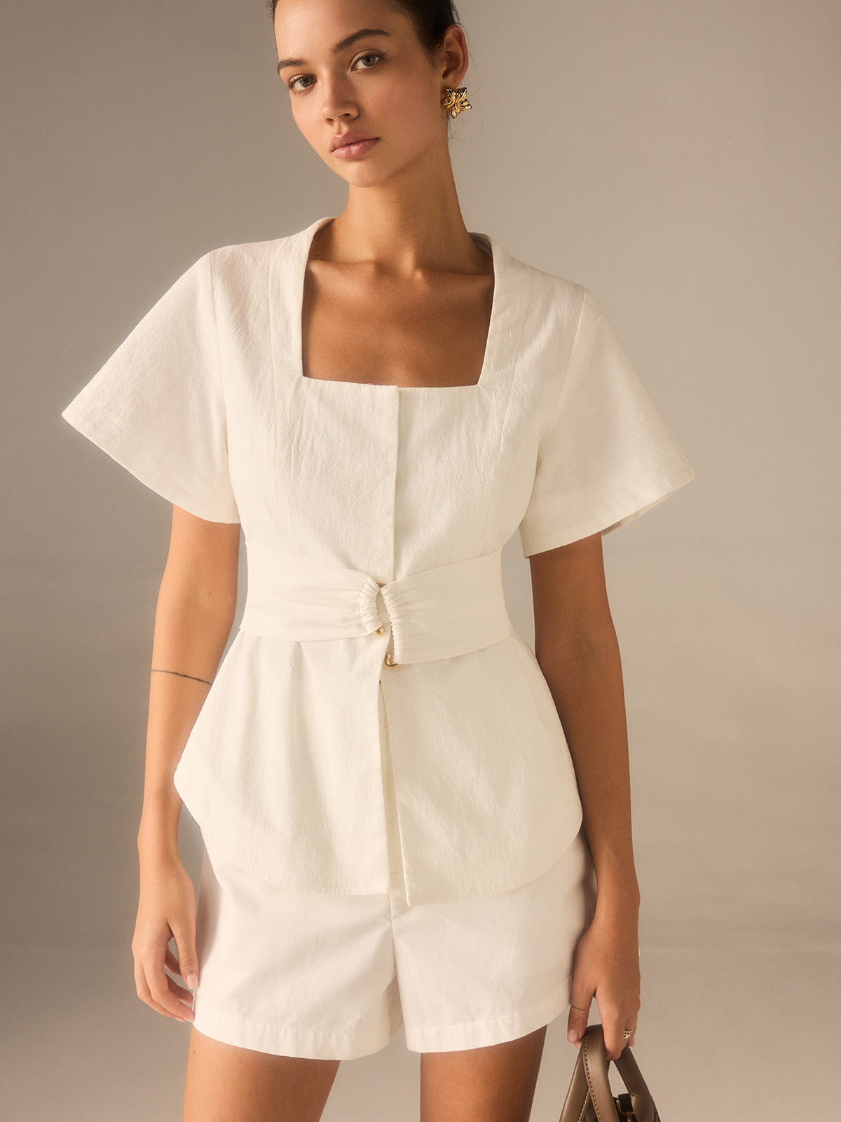Cotton Square Neckline Top with Belted Waist Cotton Square Neckline Top with Belted Waist
