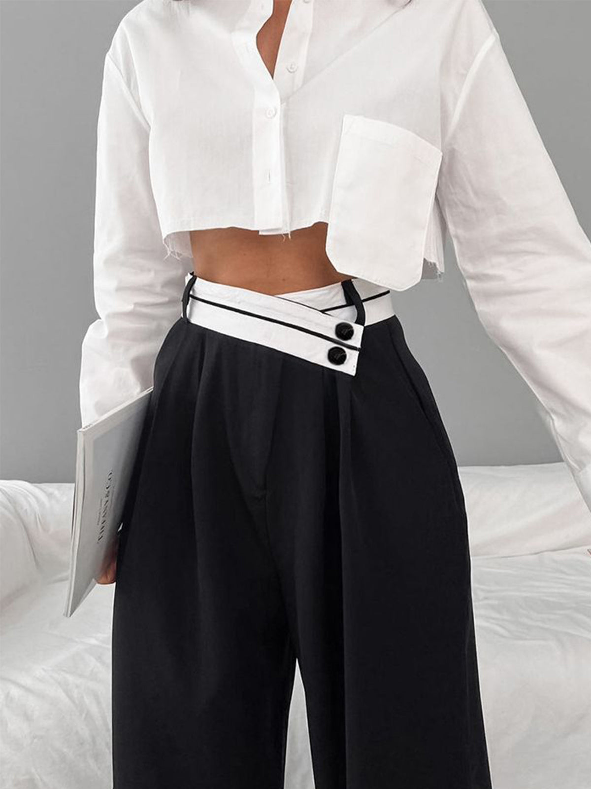 Asymmetrical Contrast Waistband Wide Leg Dress Pants Asymmetrical Contrast Waistband Wide Leg Dress Pants